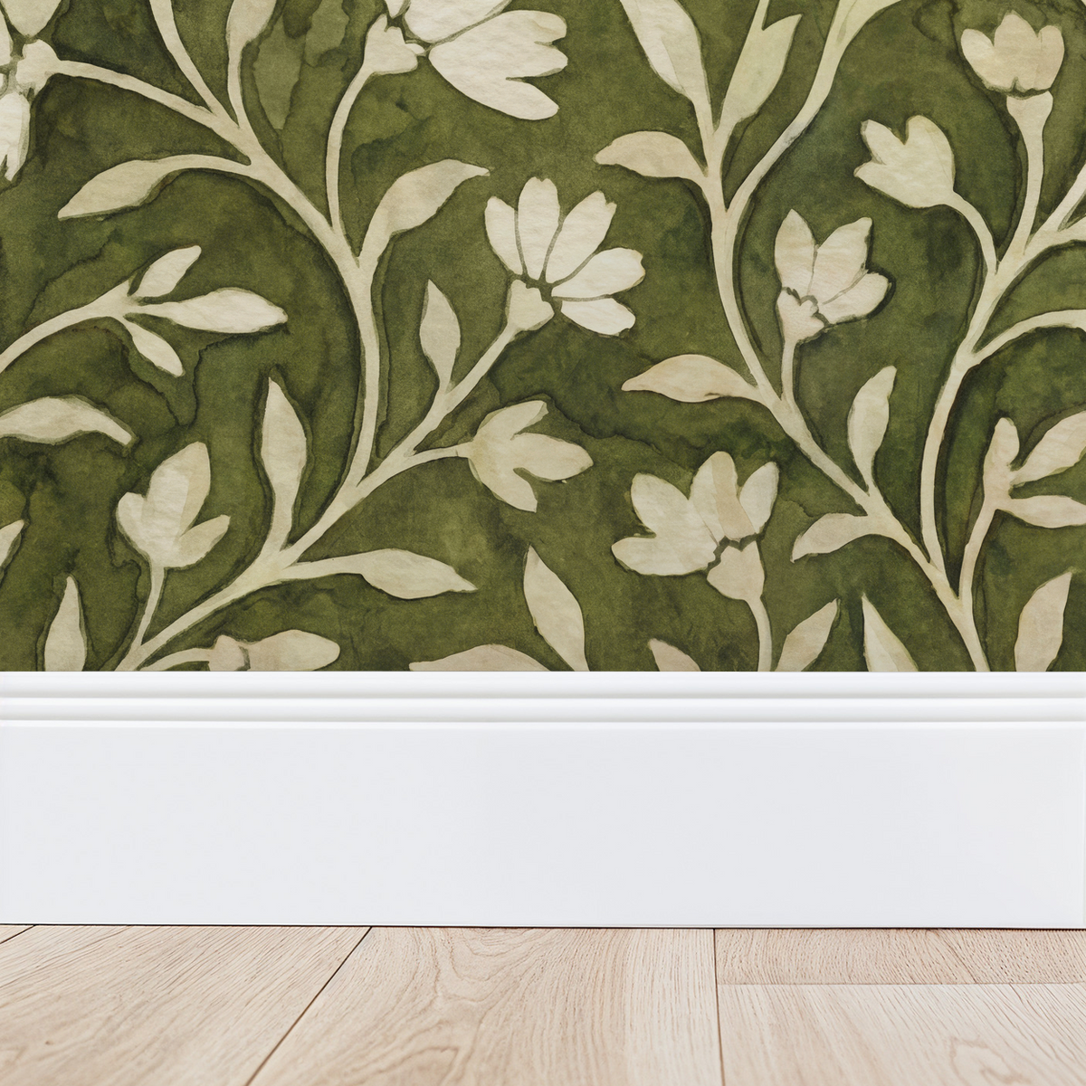 Green floral wallpaper with cream flowers and vines in a room setting