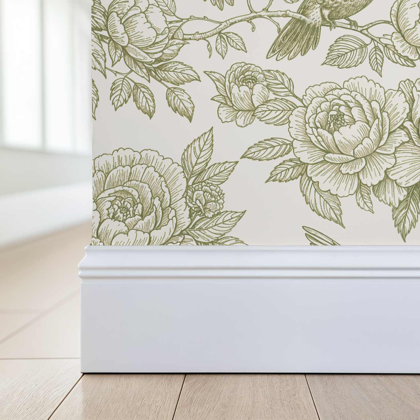Ornate green floral wallpaper with peonies and hummingbirds in a bright room.