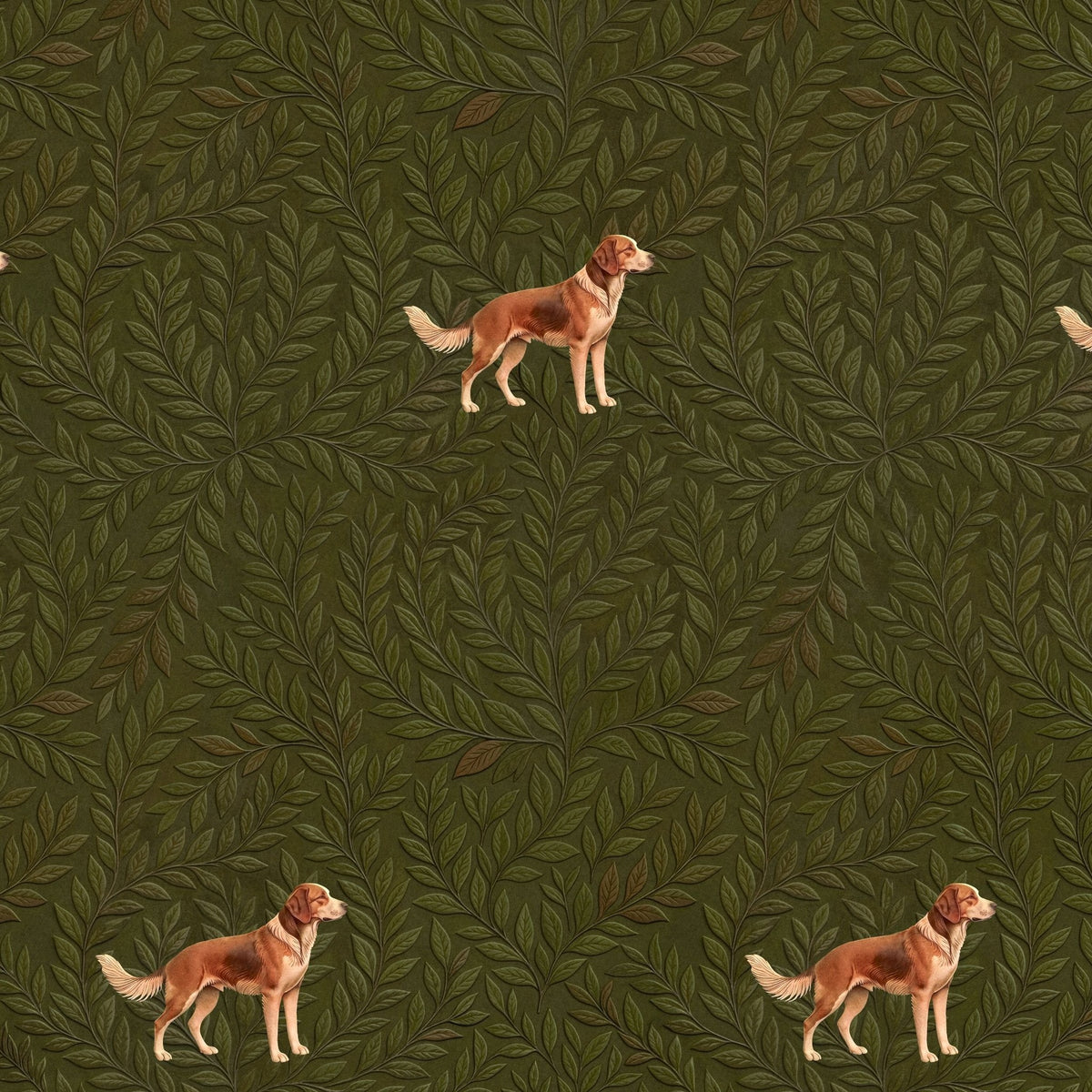 Green wallpaper with foliage and golden retriever pattern