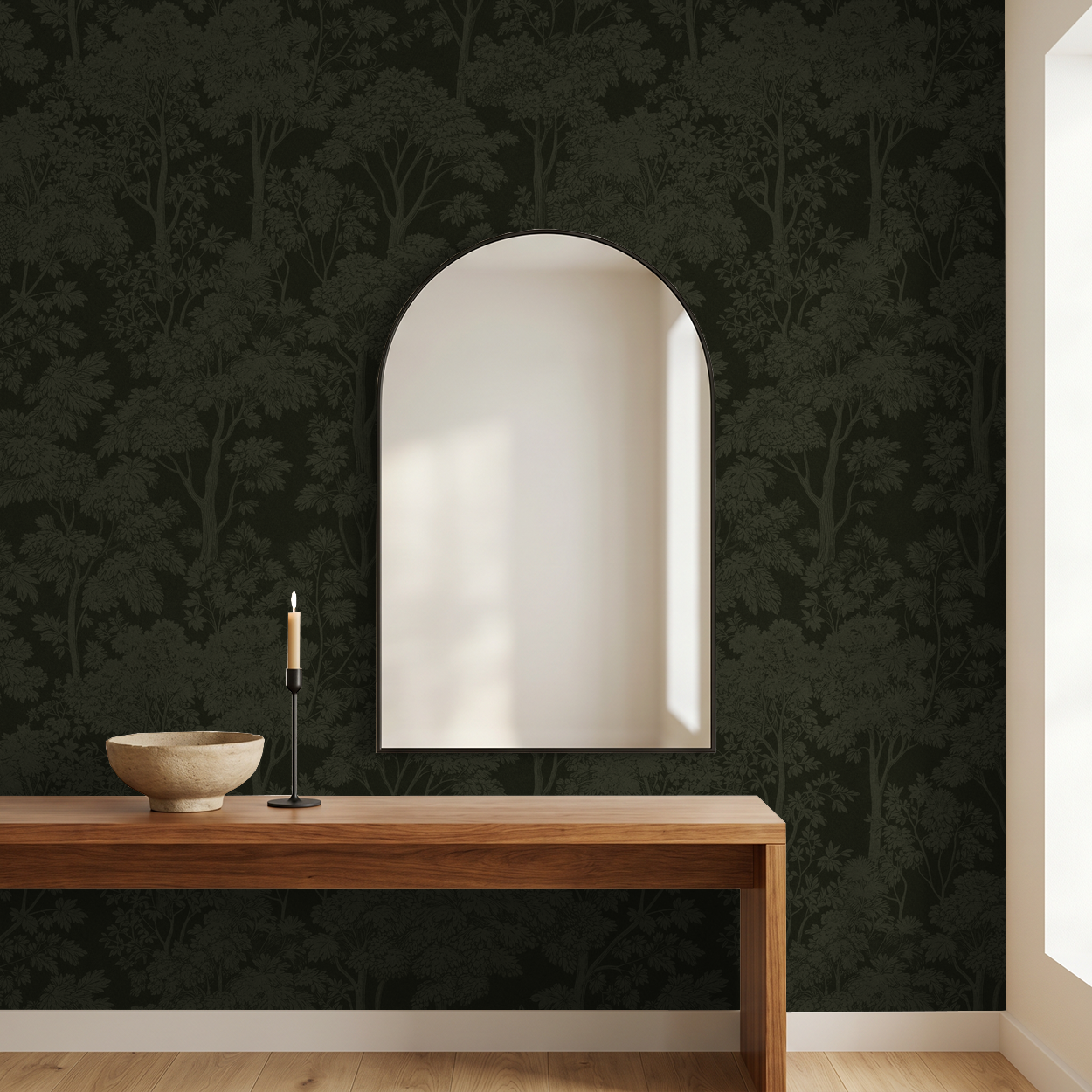Green foliage wallpaper in elegant room with arched mirror and wooden table