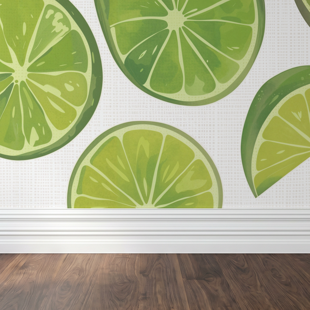 Green lime slice wallpaper with white background and wood floor