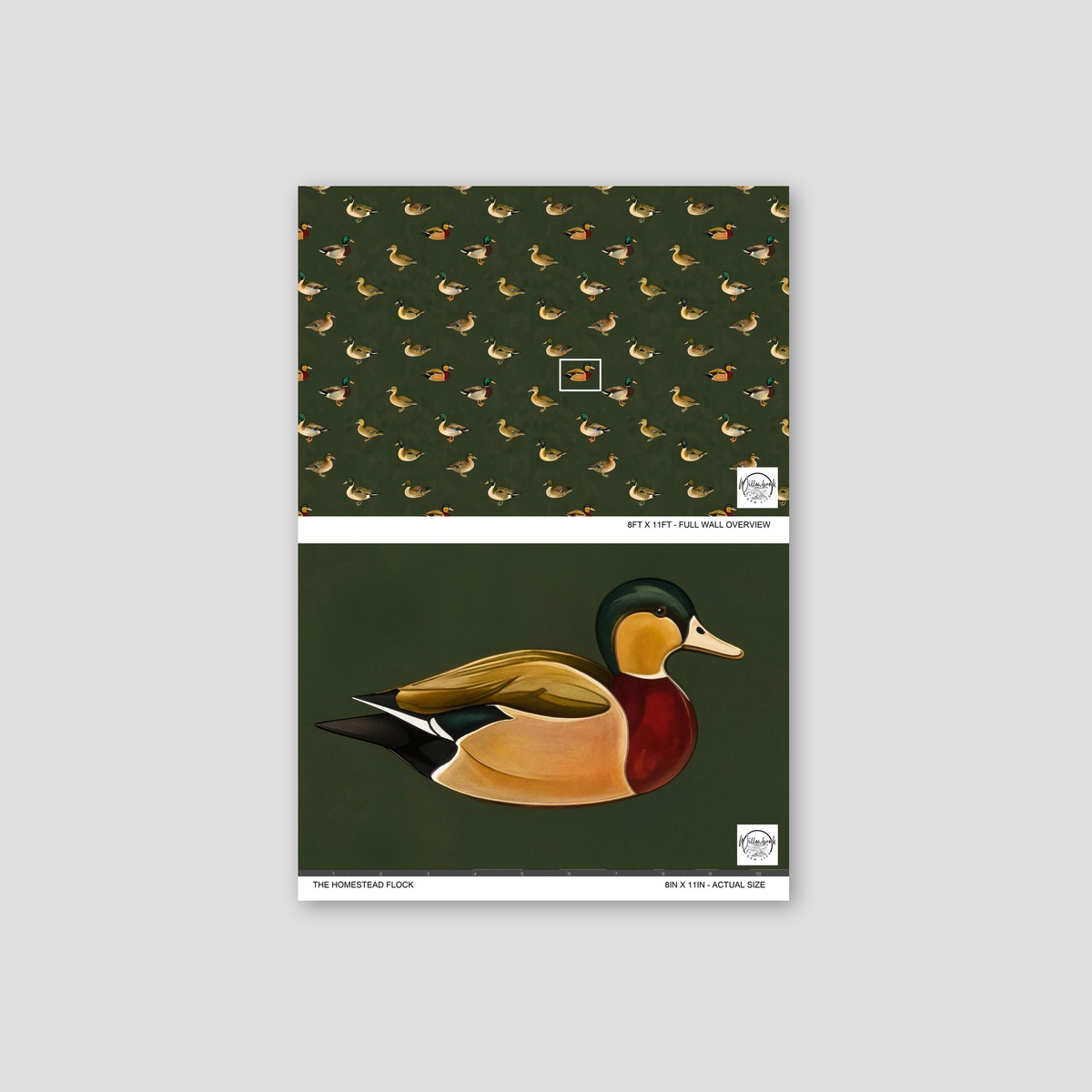 Green wallpaper with illustrated mallard ducks, nature-inspired design sample.