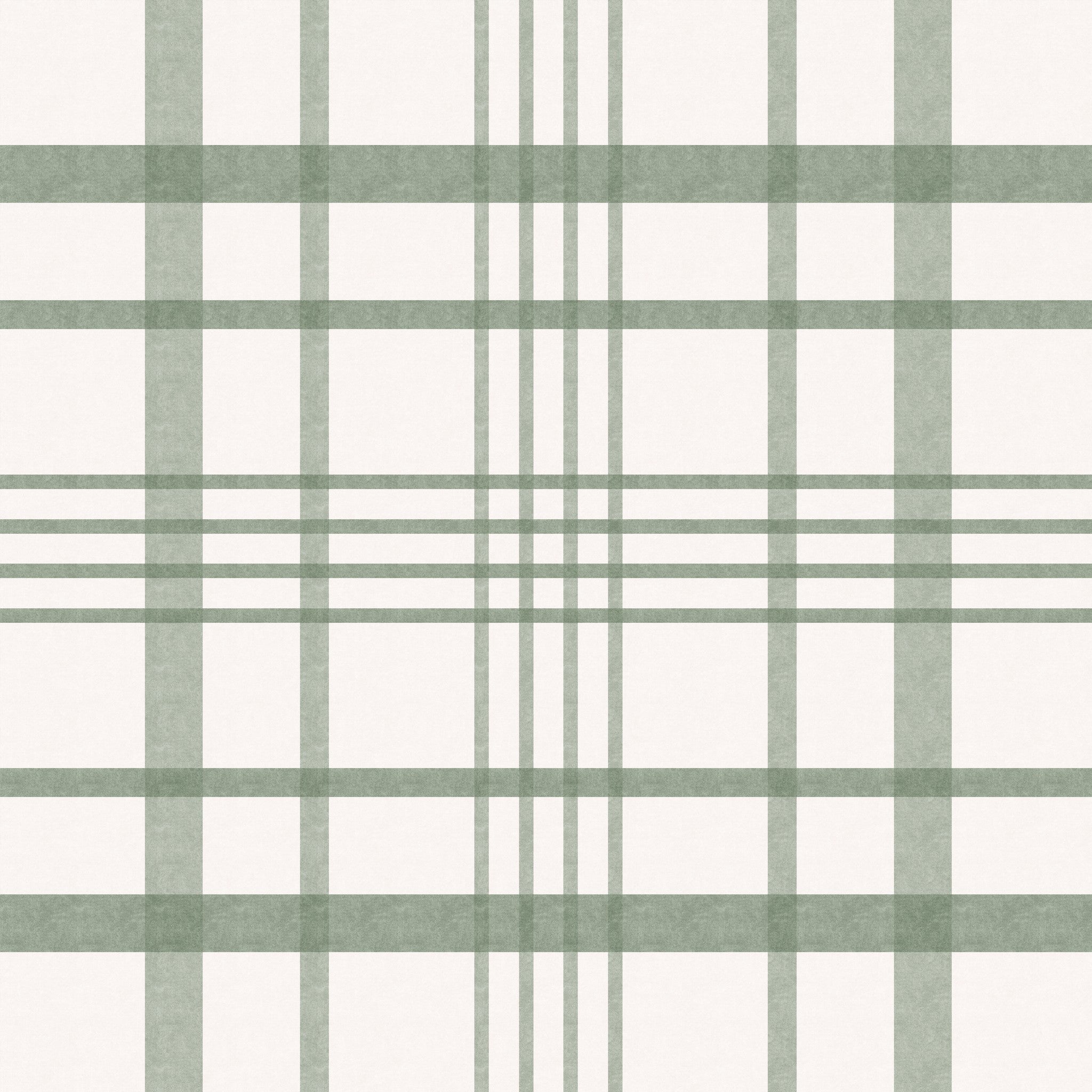 Green plaid wallpaper with soft hues on a creamy background, classic design.