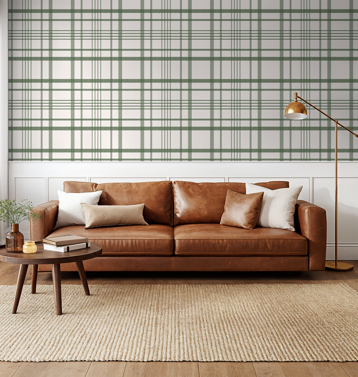 Living room with green plaid wallpaper, brown leather sofa, and modern decor.