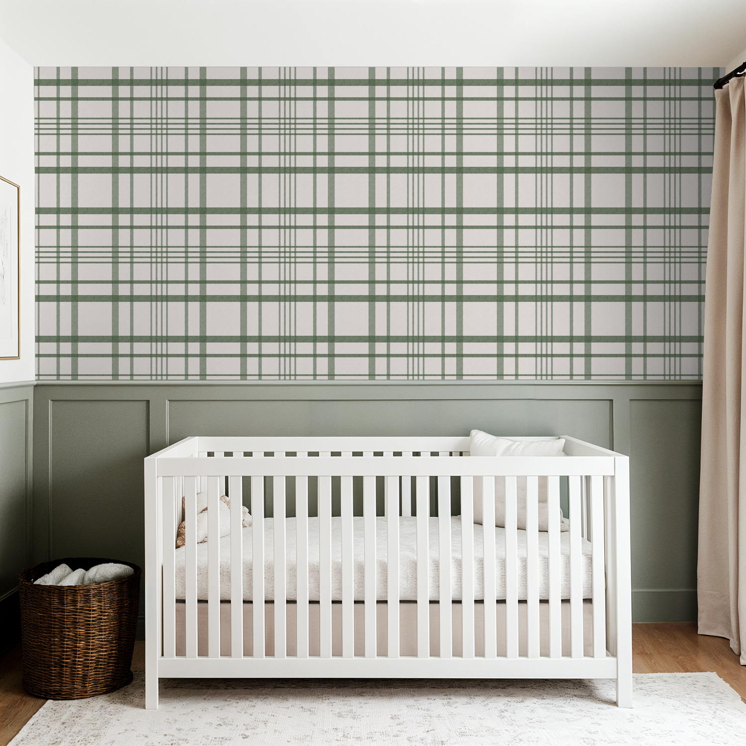 Green plaid wallpaper in a nursery with white crib and soft decor.