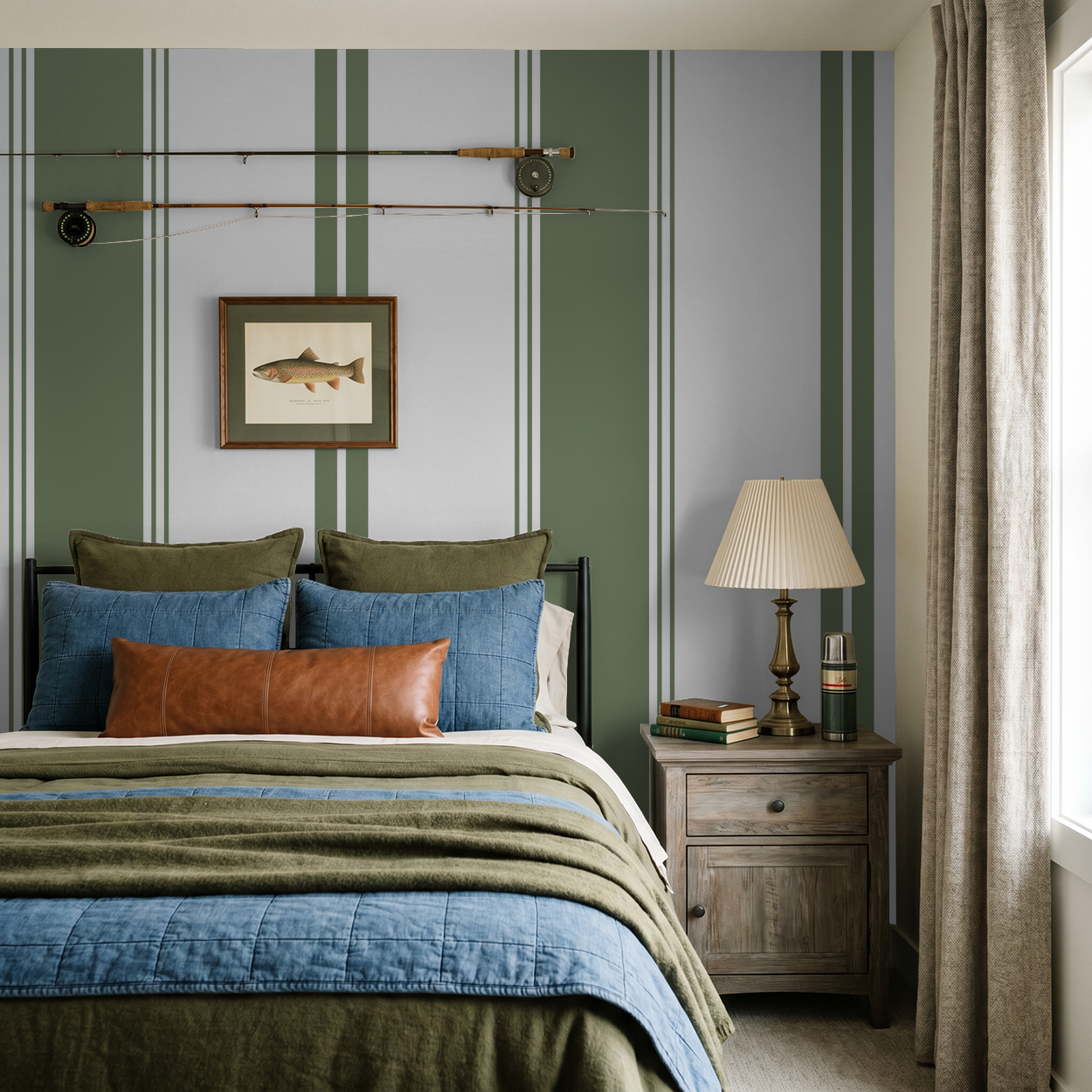 Green striped wallpaper in cozy bedroom with fishing decor and rustic furniture.
