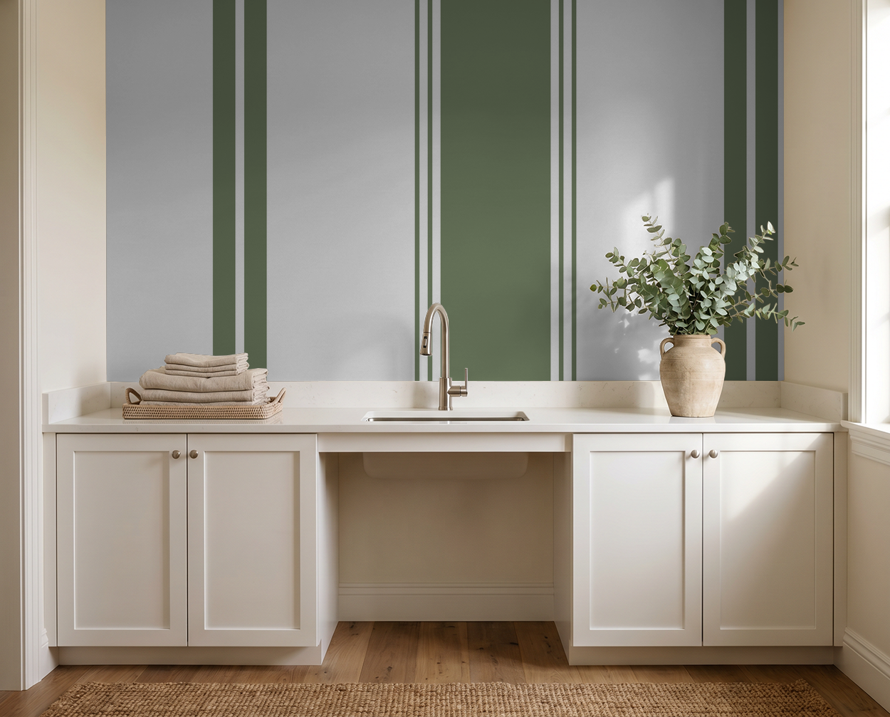 Green striped wallpaper in modern laundry room with white cabinets and vase.