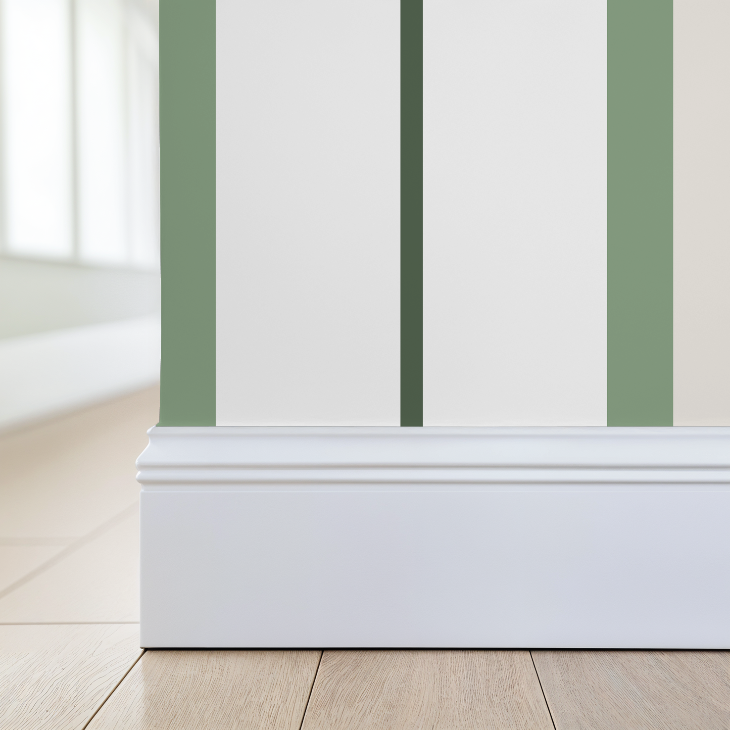 Green striped wallpaper in a modern room with white baseboard and wooden floor.