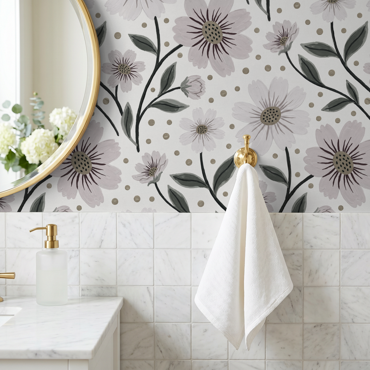 Grey floral wallpaper with lavender blooms in elegant bathroom setting.