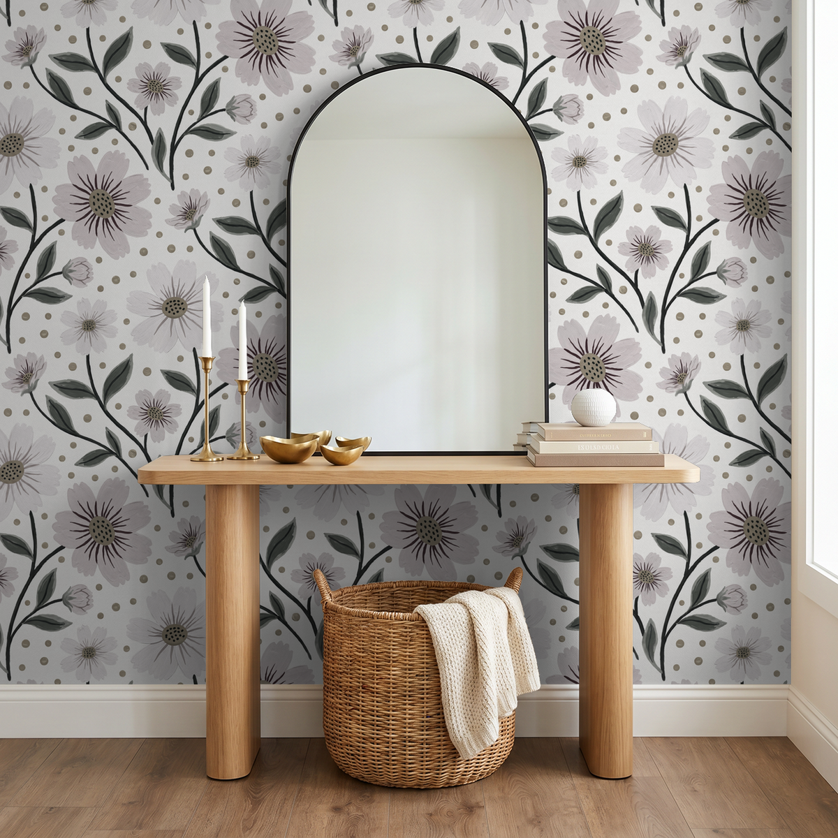 Grey floral wallpaper with blush blooms in modern room with wooden table and mirror.