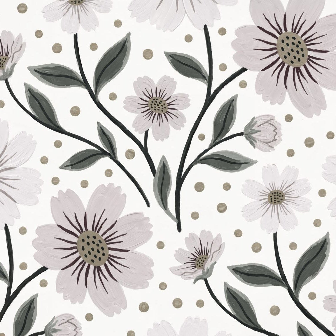 Grey floral wallpaper with blush flowers and green leaves on a white background.