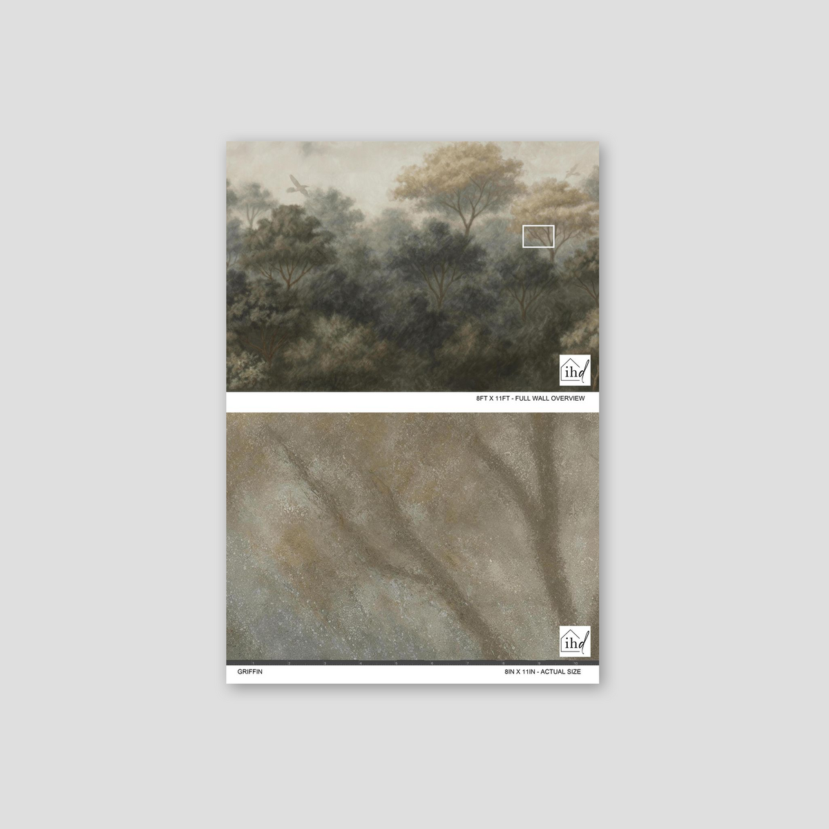 Misty forest wallpaper with muted greys and browns, featuring ethereal trees.