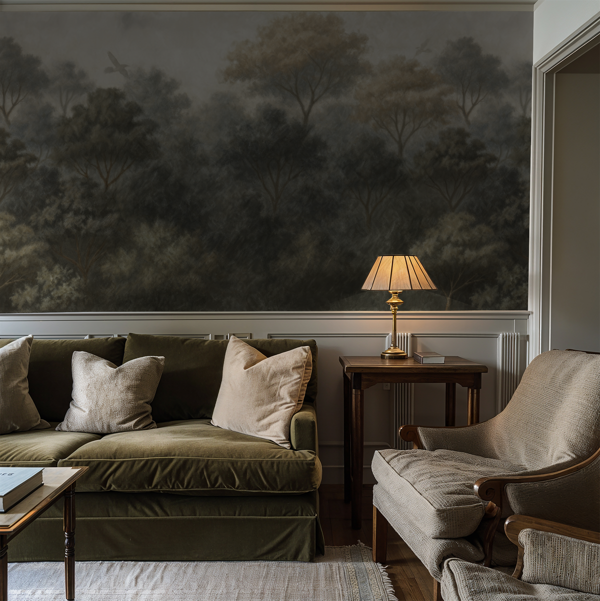 Griffin wallpaper with misty forest scene in muted greys and browns in a cozy living room.