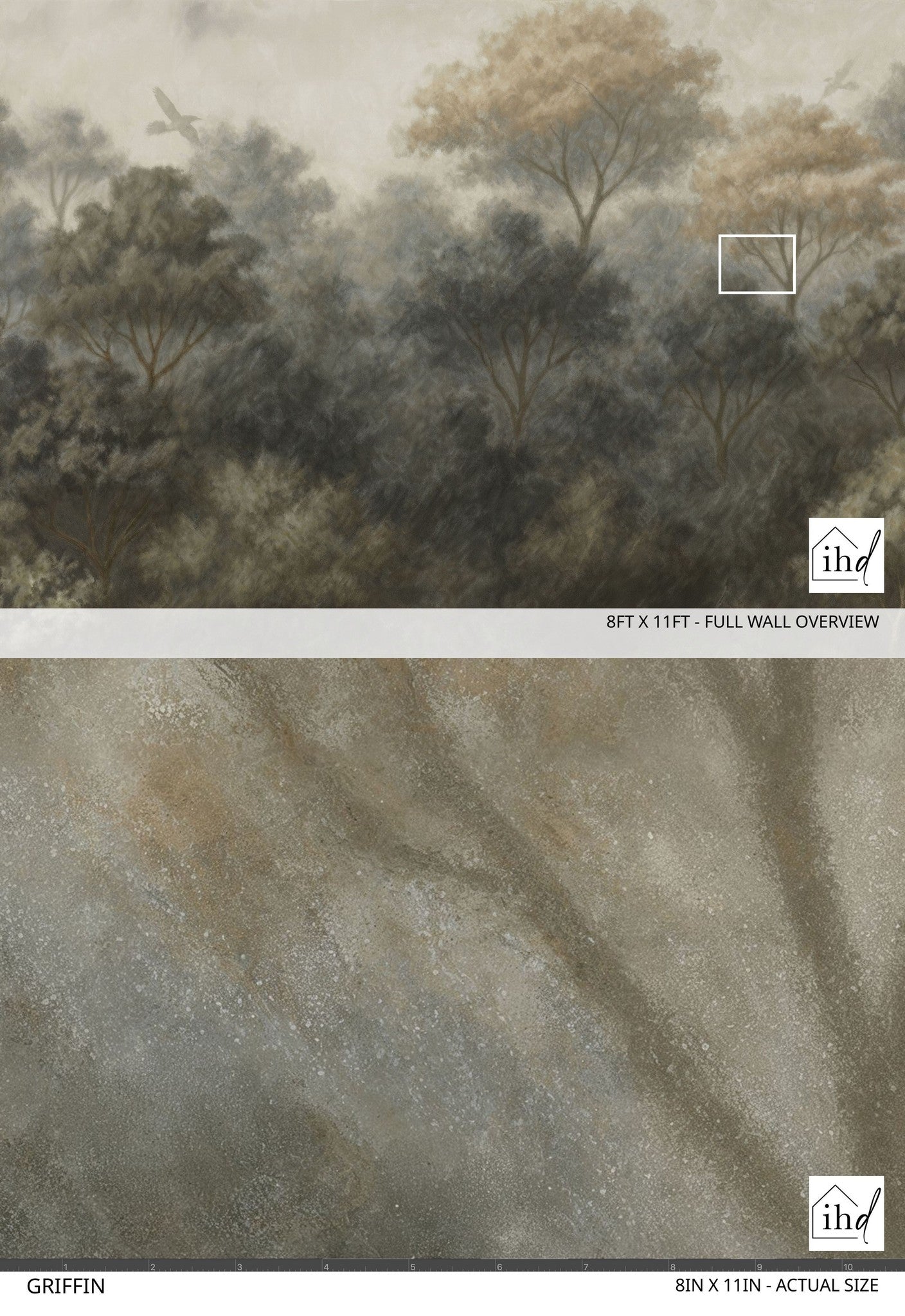Griffin wallpaper with muted forest scene and textured earthy tones.