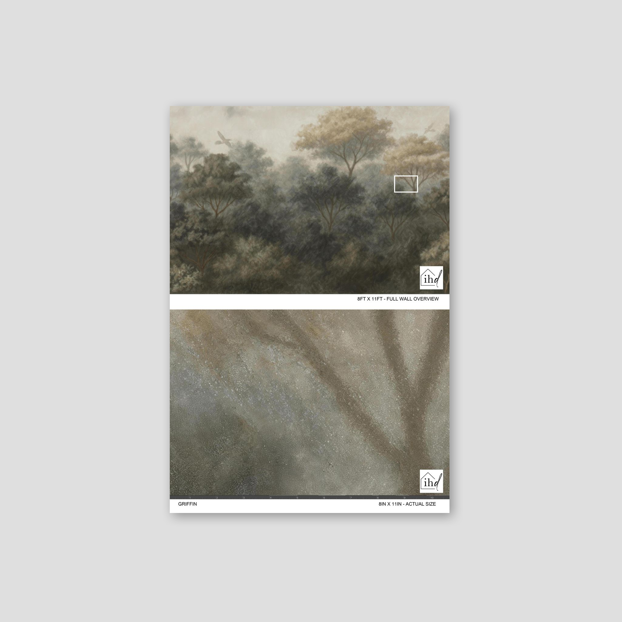 Griffin wallpaper with muted nature scene, trees in soft tones, calming and serene.