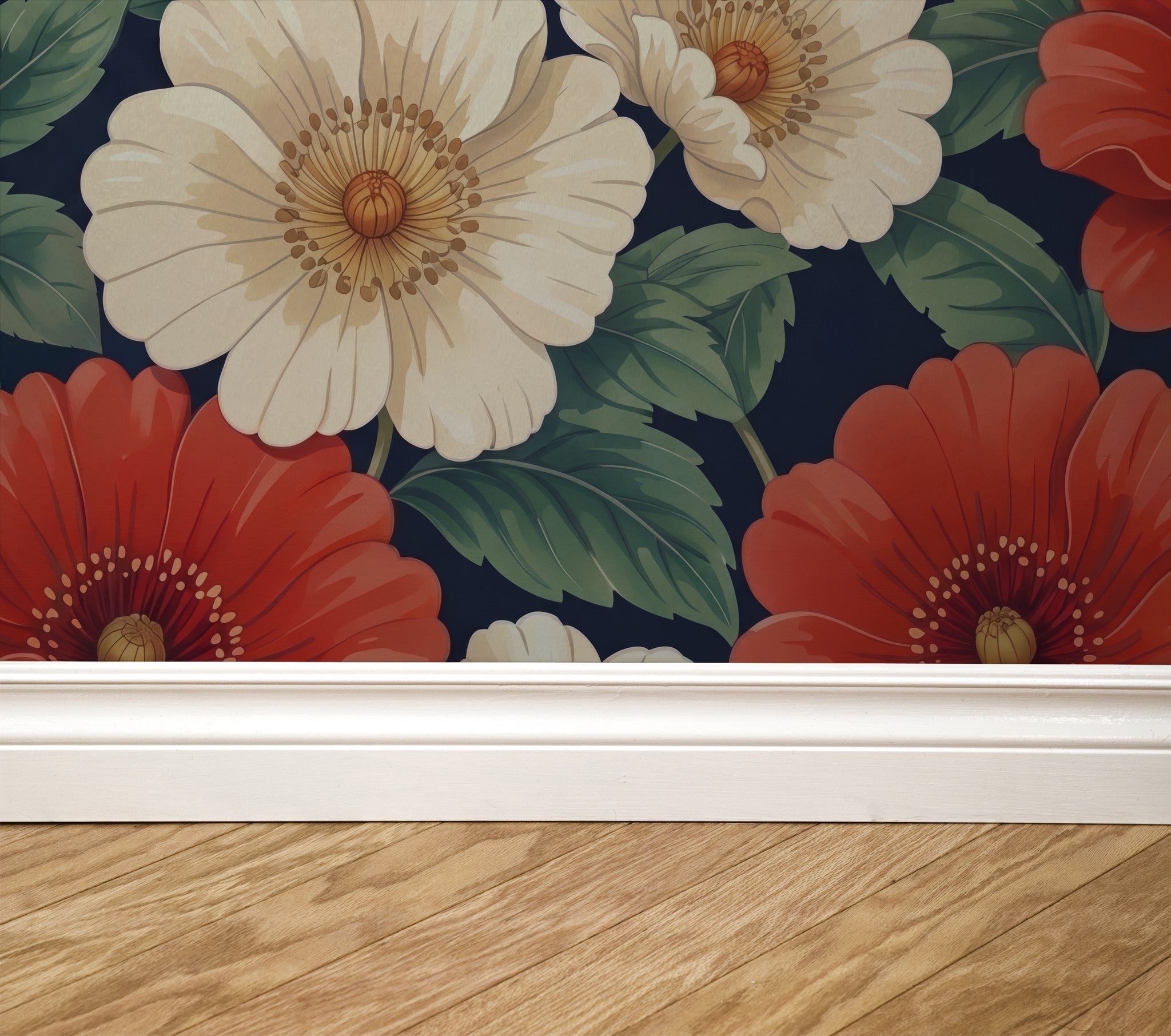 Floral wallpaper with red and white flowers on a dark background, wood floor