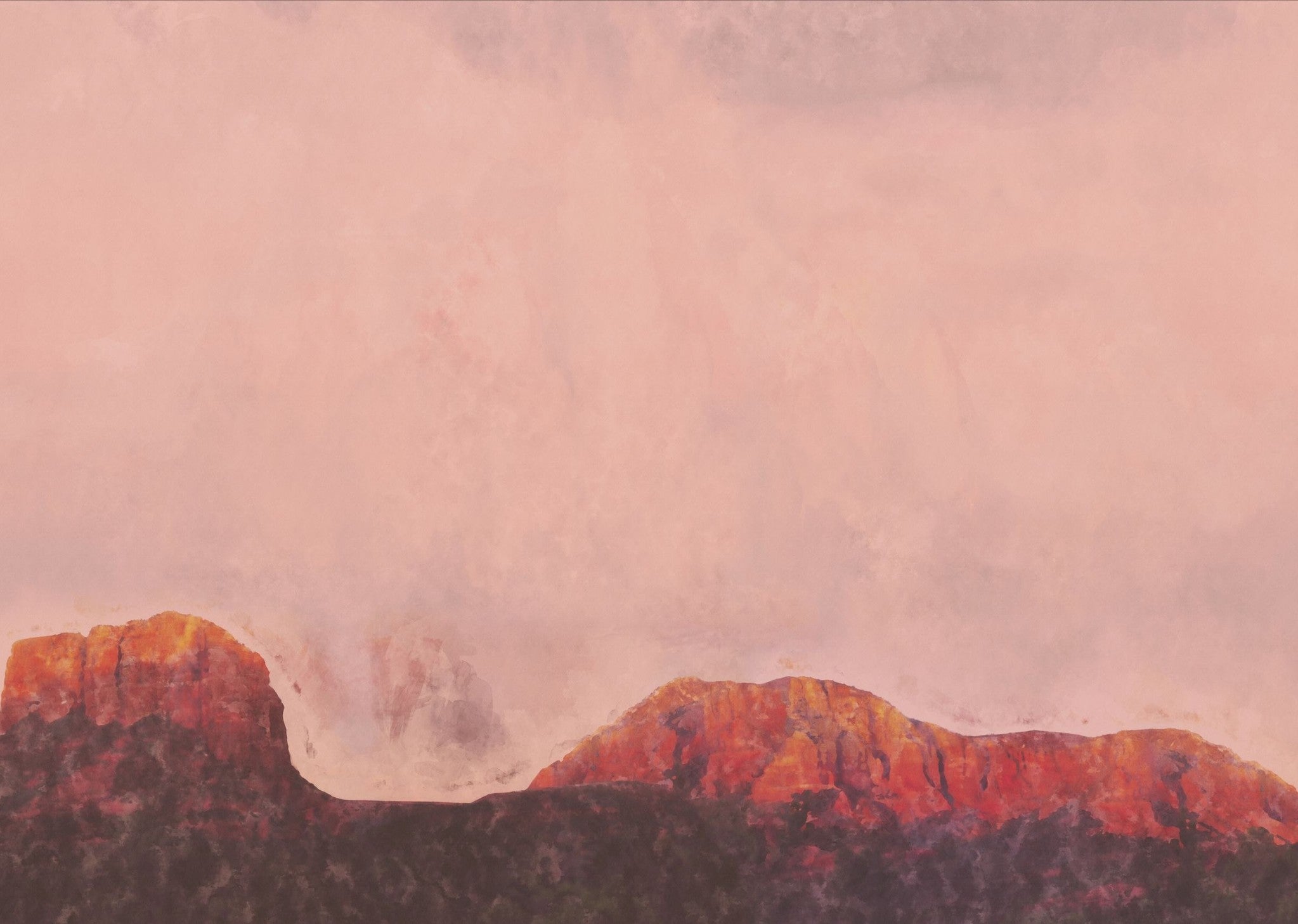Heart Thief wallpaper with pink and orange desert landscape and sunlit mesas.