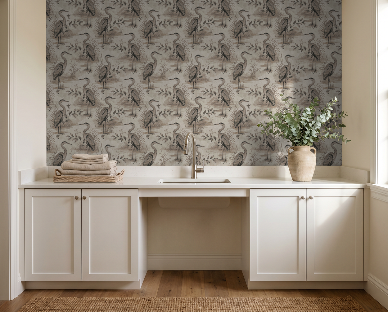 Heron Lake wallpaper with herons and foliage in taupe tones in a kitchen setting.