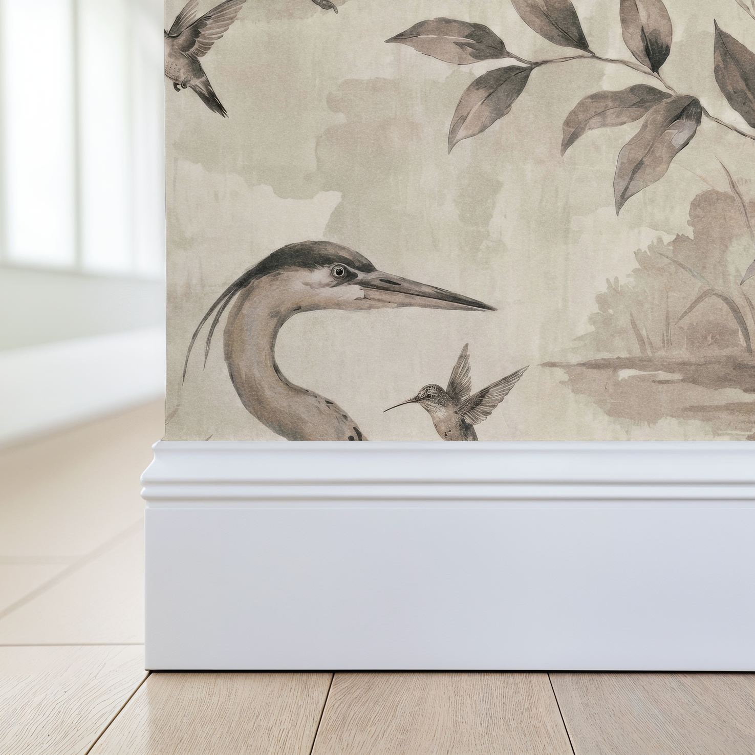 Heron Lake wallpaper with herons and foliage in taupe tones on wall