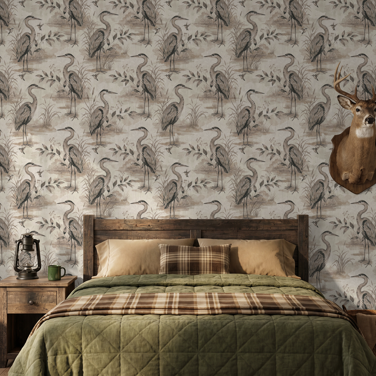Heron Lake wallpaper with herons and foliage in taupe tones in rustic bedroom.