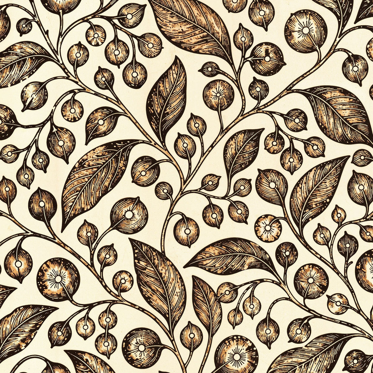 Honeyed Hollow wallpaper with intricate floral motifs and golden fruits on earthy tones.