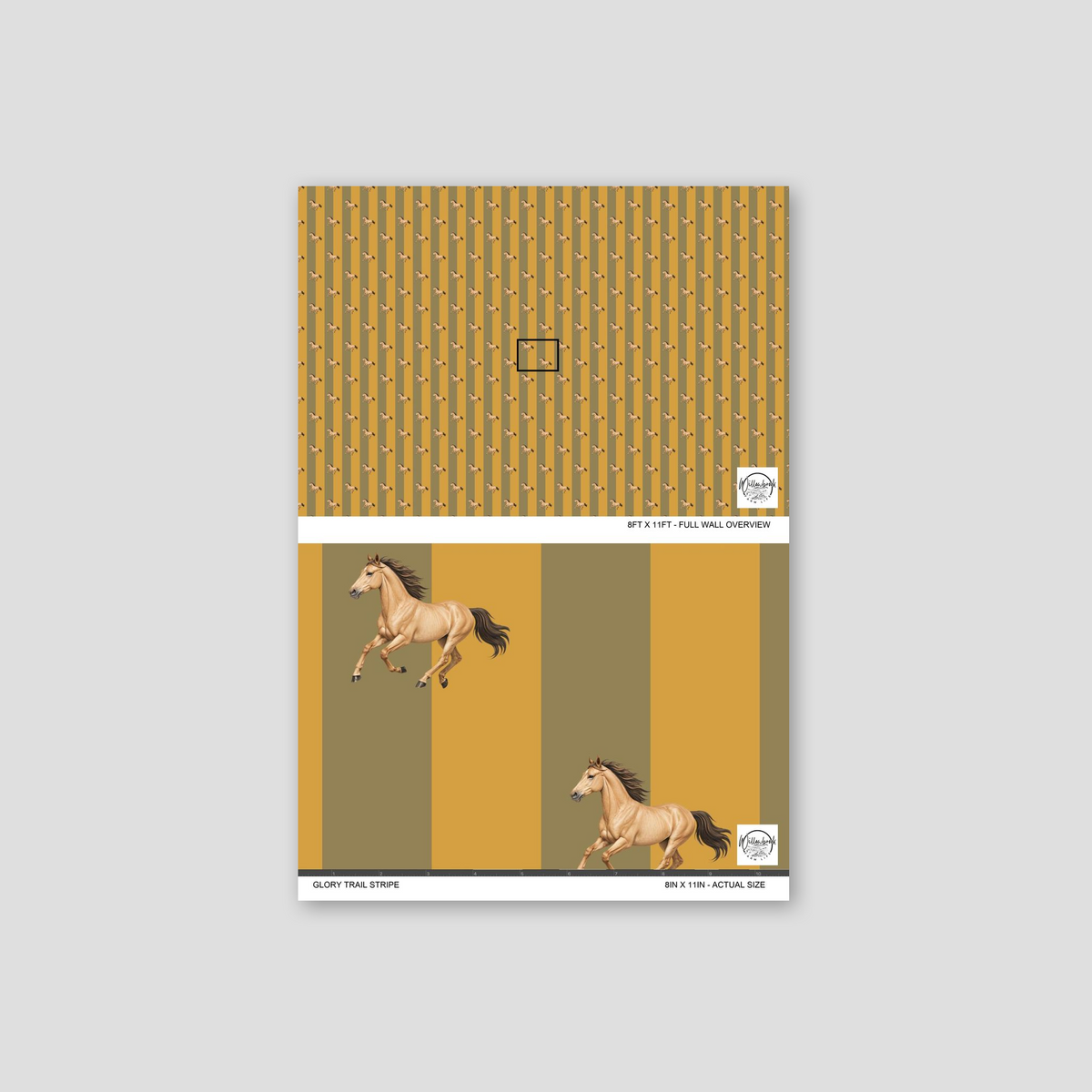 Horse pattern wallpaper with mustard and olive stripes, equestrian theme.