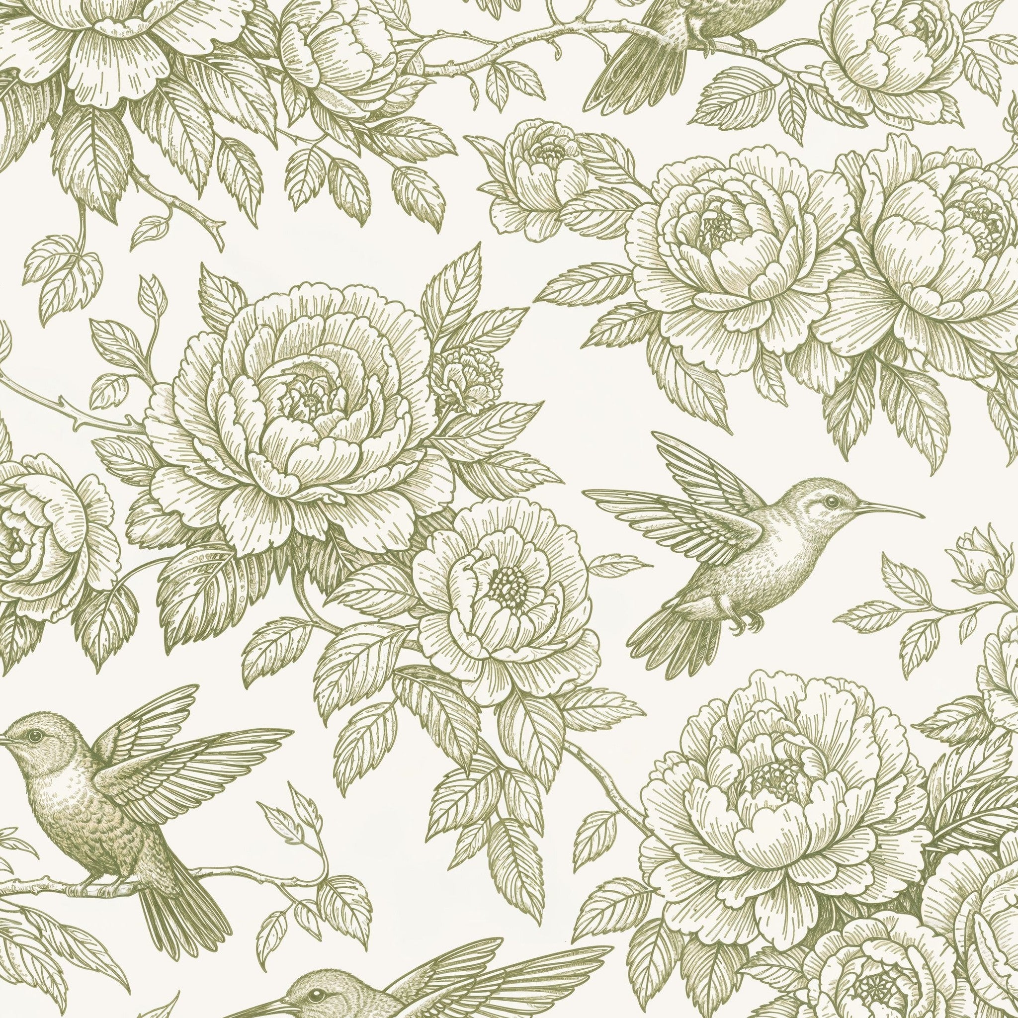Intricate hummingbird and peony wallpaper in muted green tones.