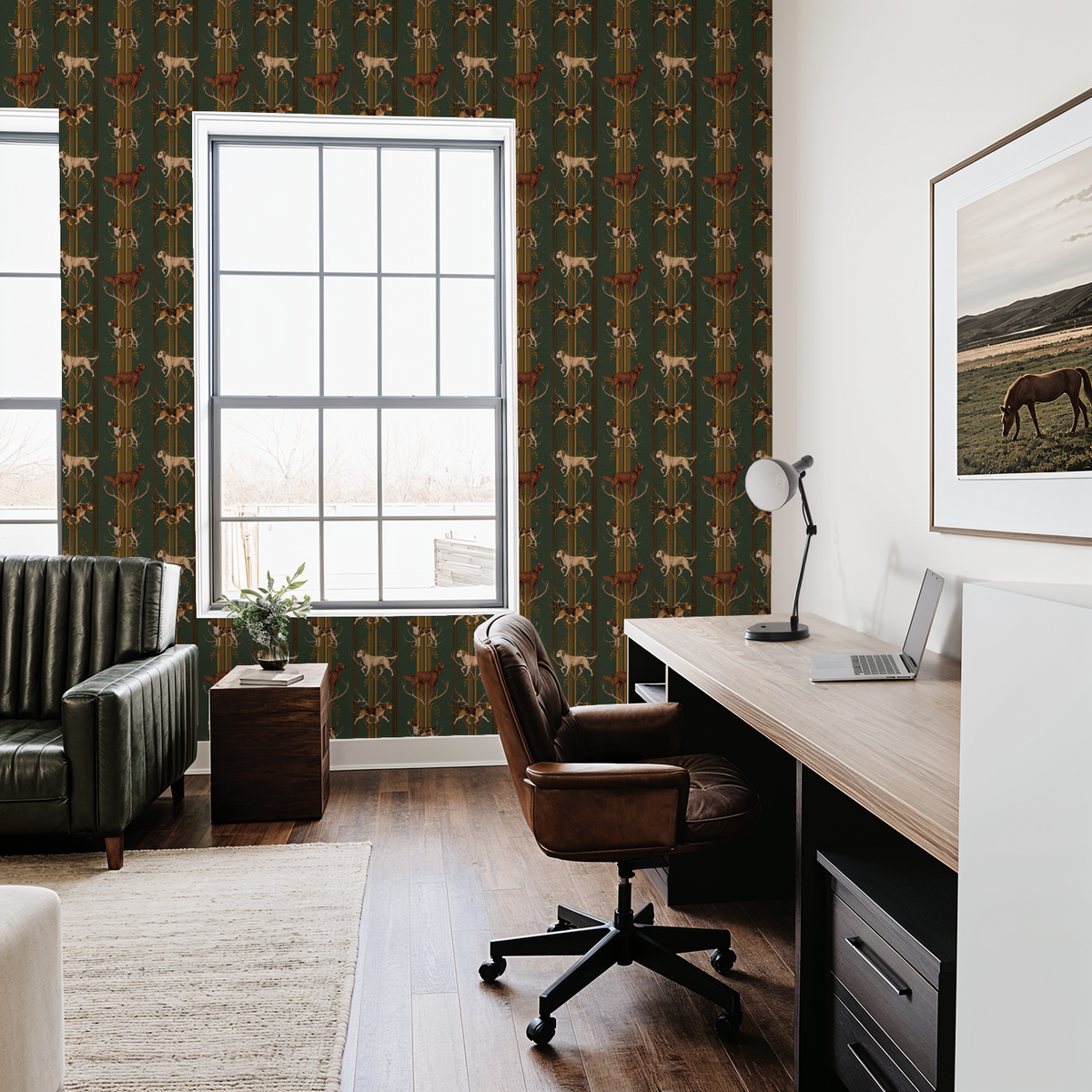 Hunter's Pursuit wallpaper with hunting dogs and antlers in a rustic office setting.