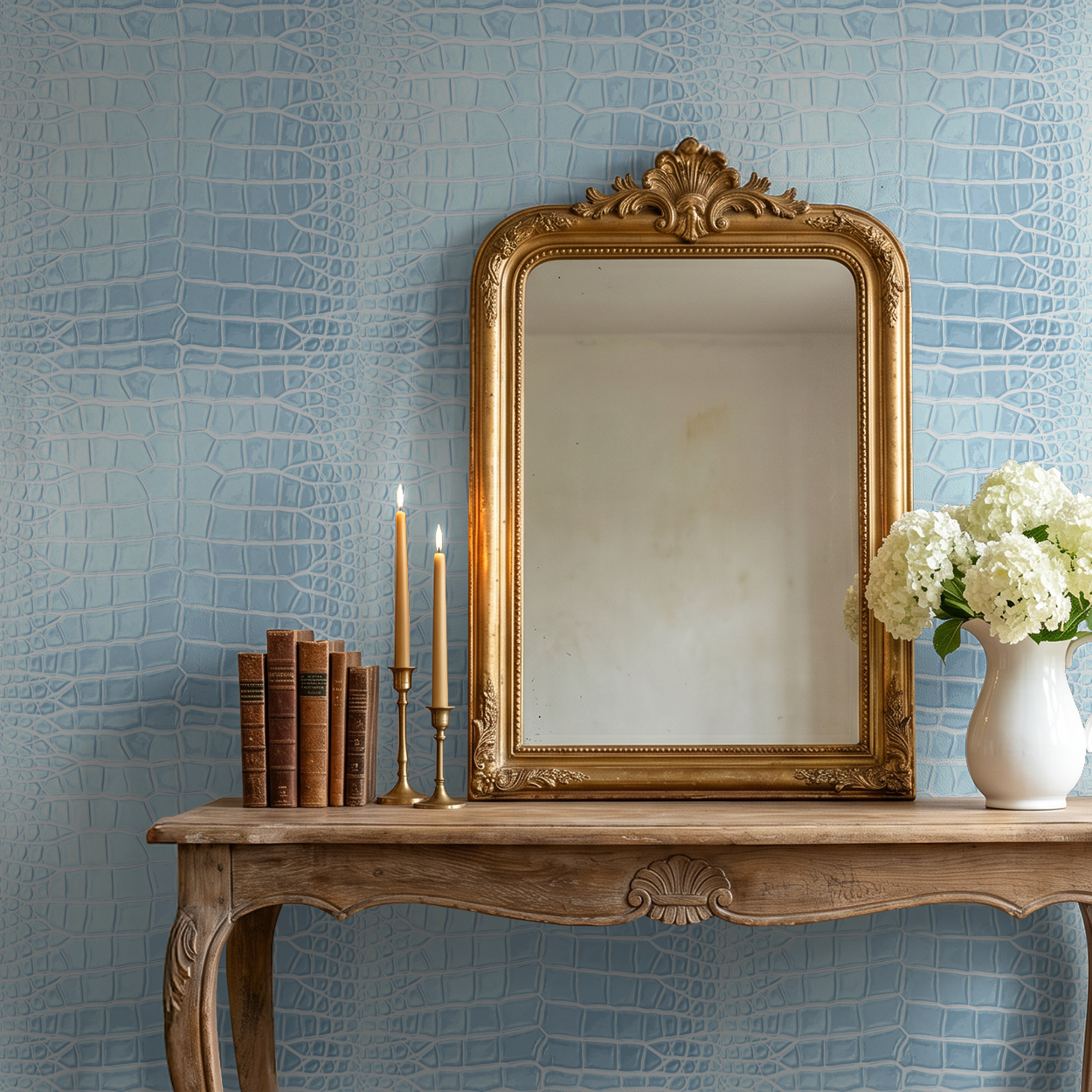 Icy blue reptilian textured wallpaper in elegant room with mirror and flowers.