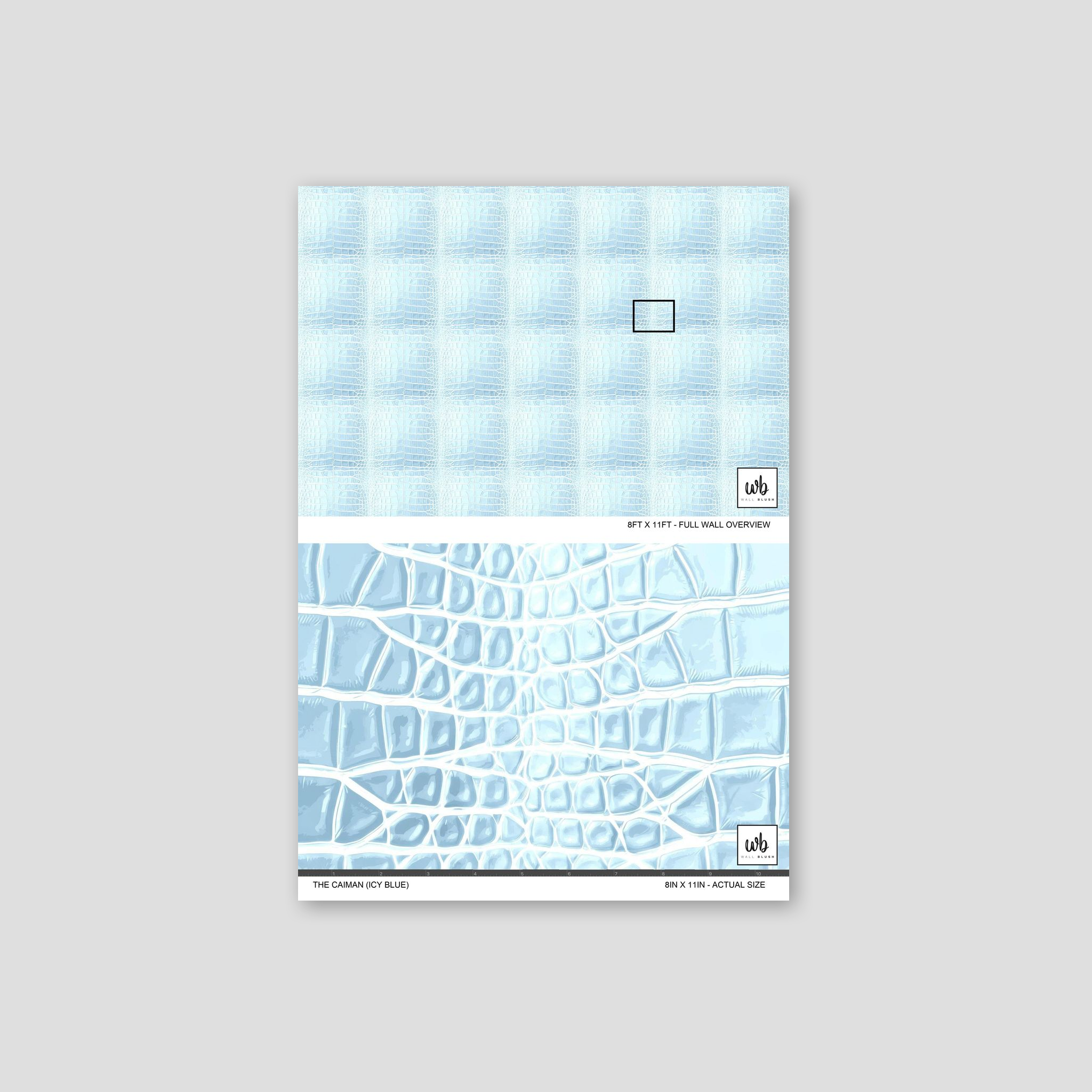 Icy blue reptilian textured wallpaper sample with glossy finish.