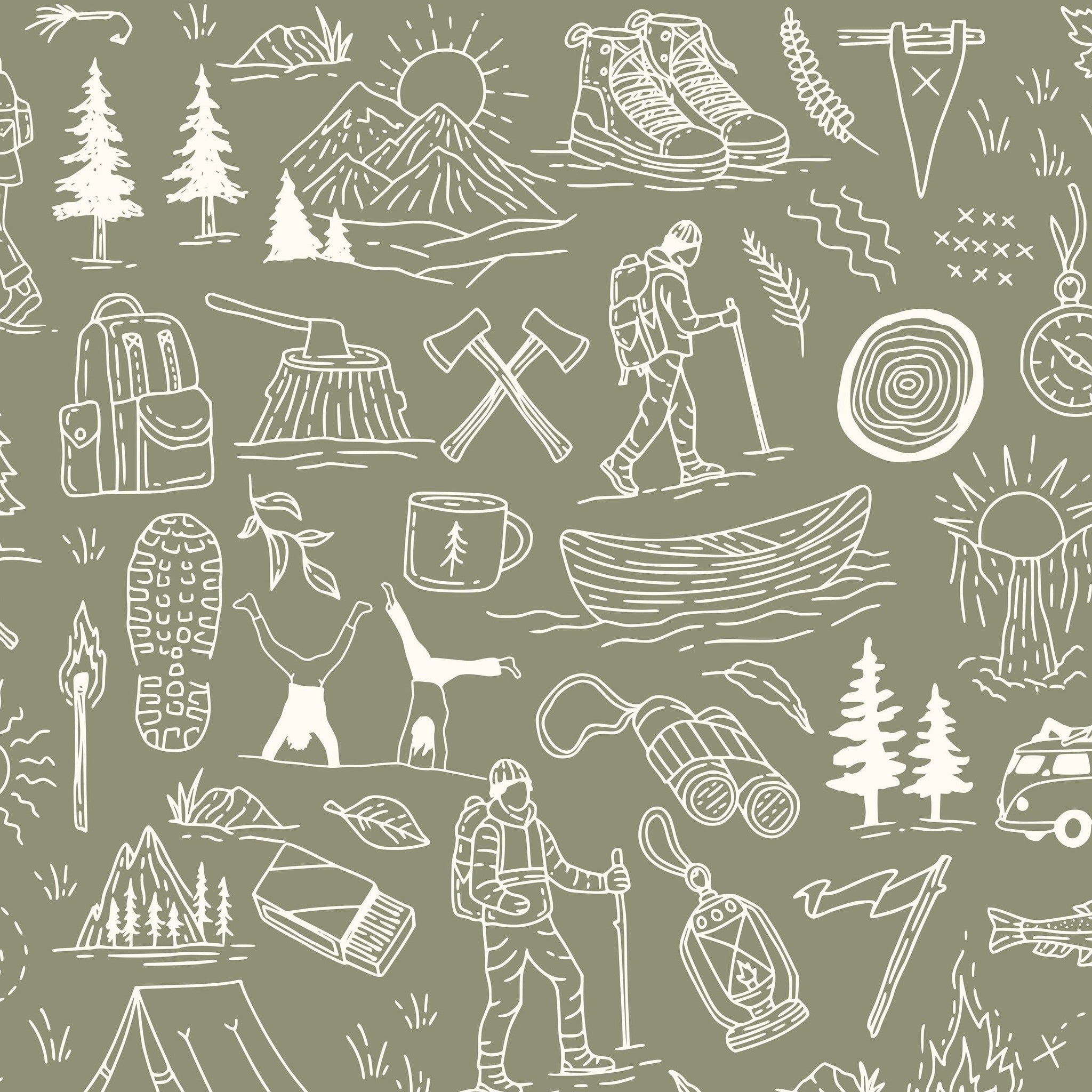 Olive-green wallpaper with white line drawings of hikers, mountains, and camping motifs.