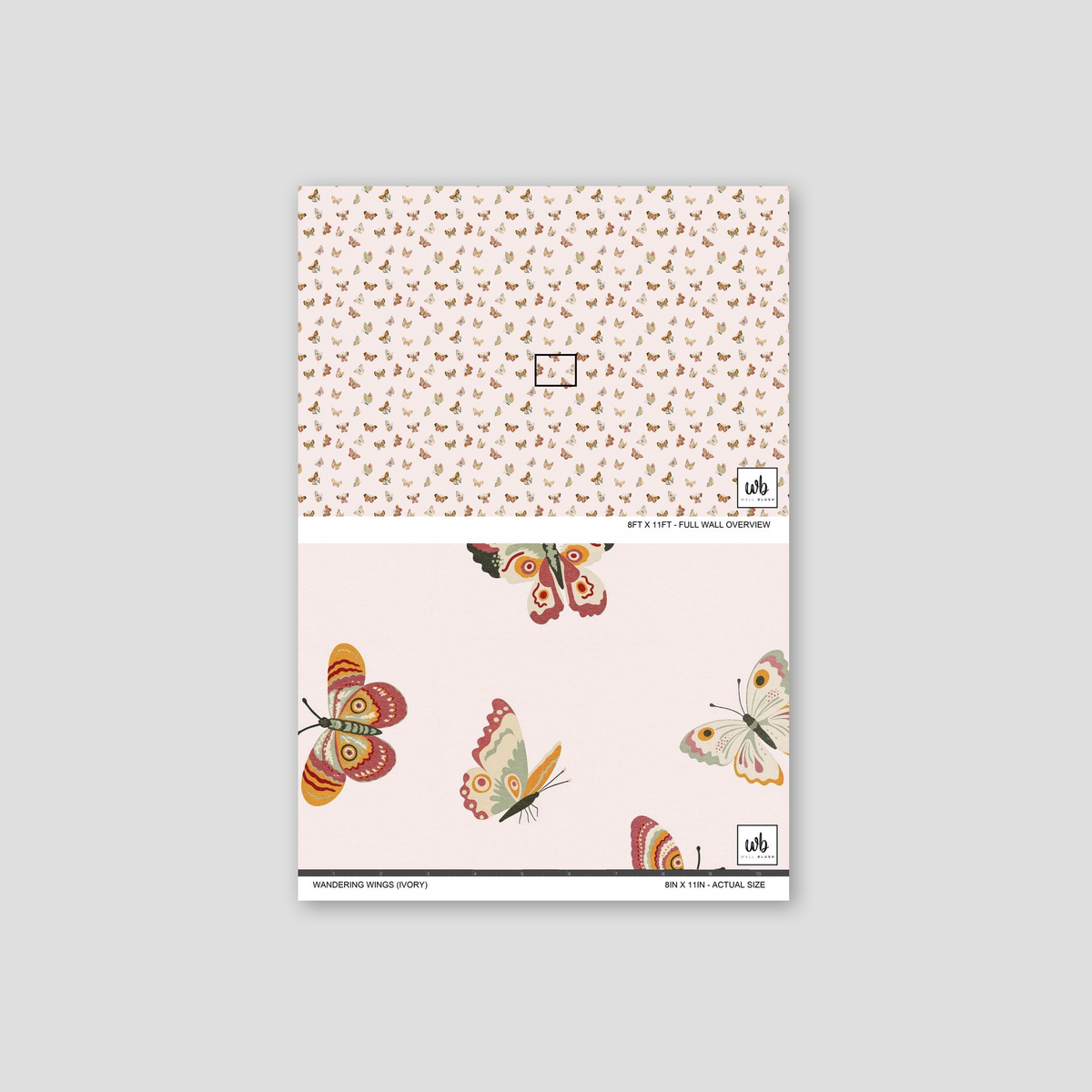 Ivory wallpaper with colorful butterflies in orange, green, and pink on a cream background.