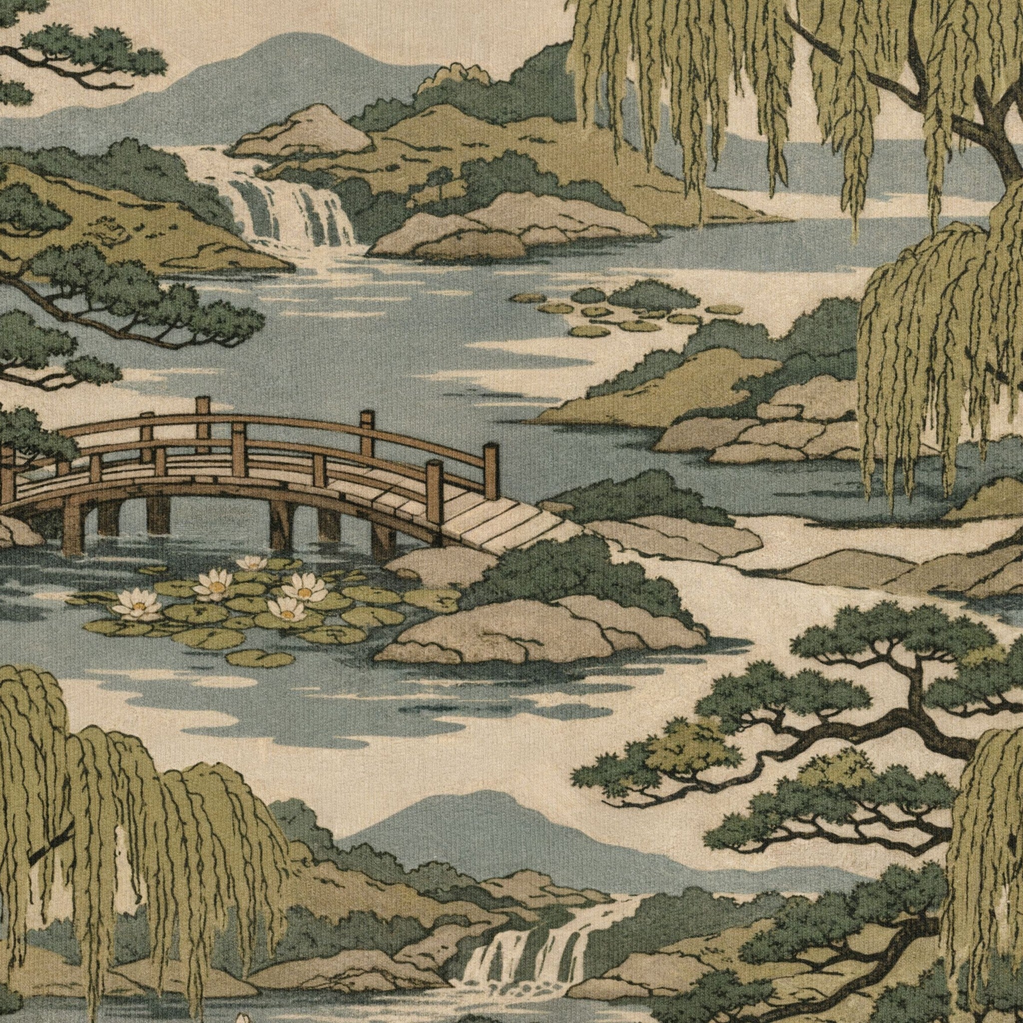 Japanese garden wallpaper with willow trees, bridge, and waterfall in soft greens and blues.