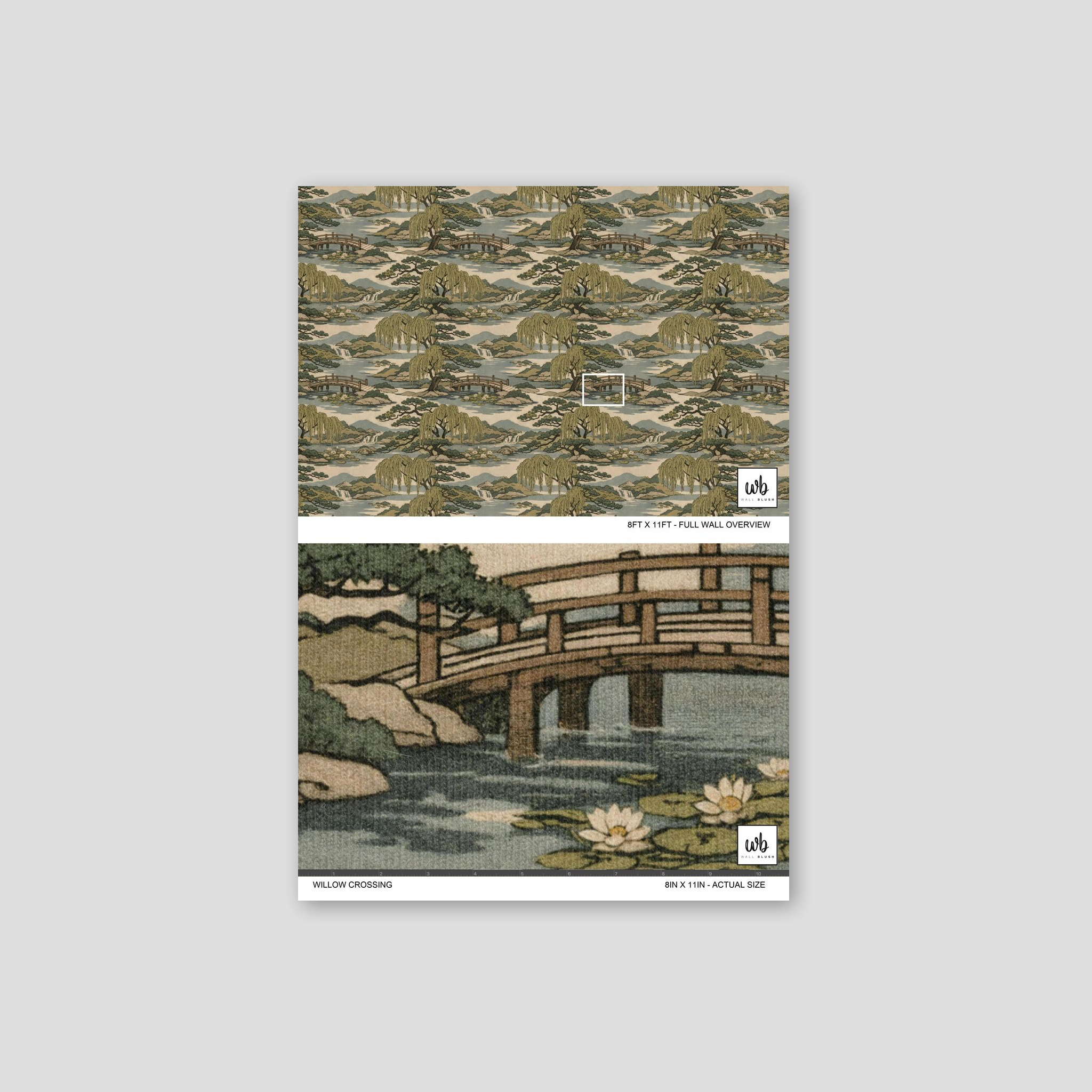 Japanese garden wallpaper with willow trees, bridge, and pond in earthy tones.