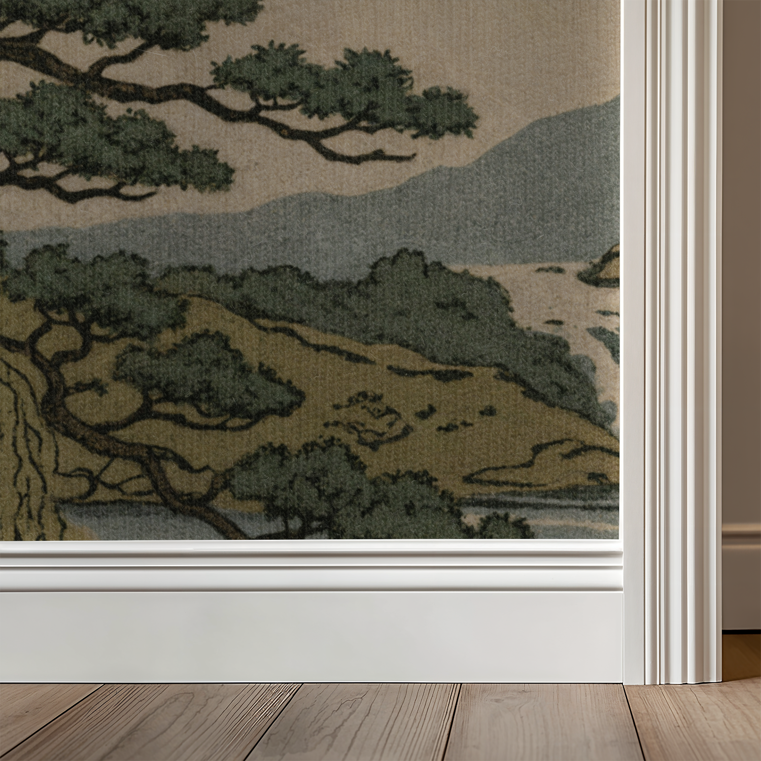 Japanese garden wallpaper with willow trees and muted greens