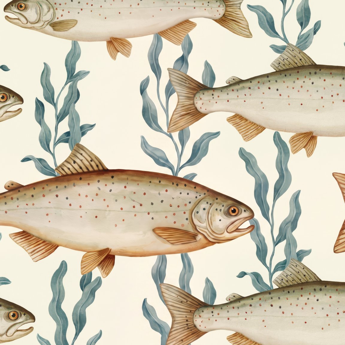 Wallpaper with fish and seaweed in muted tones on a cream background.