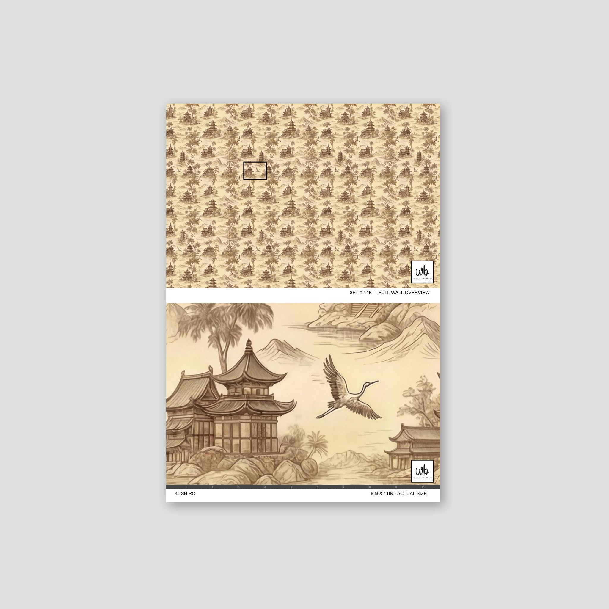 Kushiro wallpaper with traditional Asian architecture and serene landscape in beige tones.
