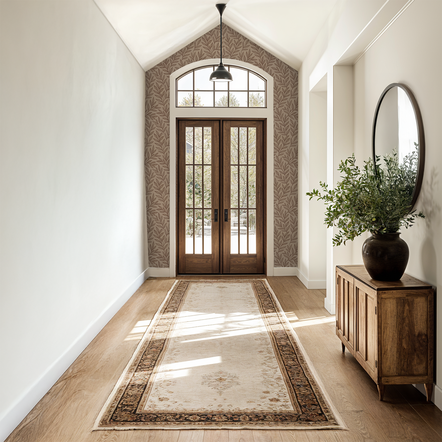 Hallway with La Vid vine wallpaper in earthy brown on beige backdrop