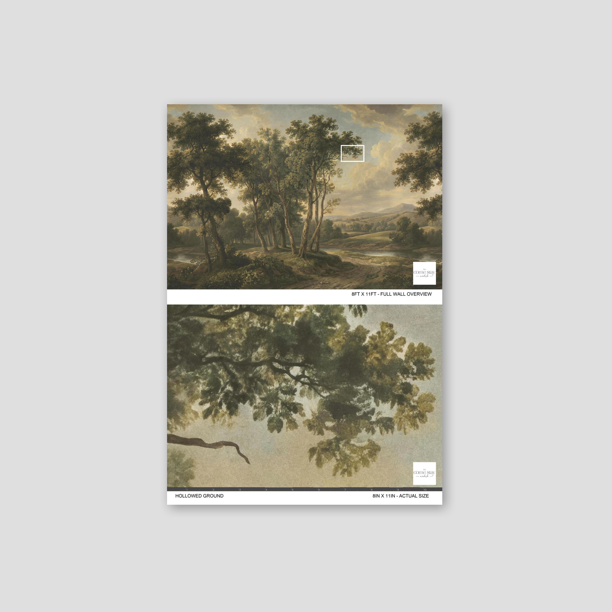 Landscape wallpaper with trees and rolling hills in muted greens and earth tones.