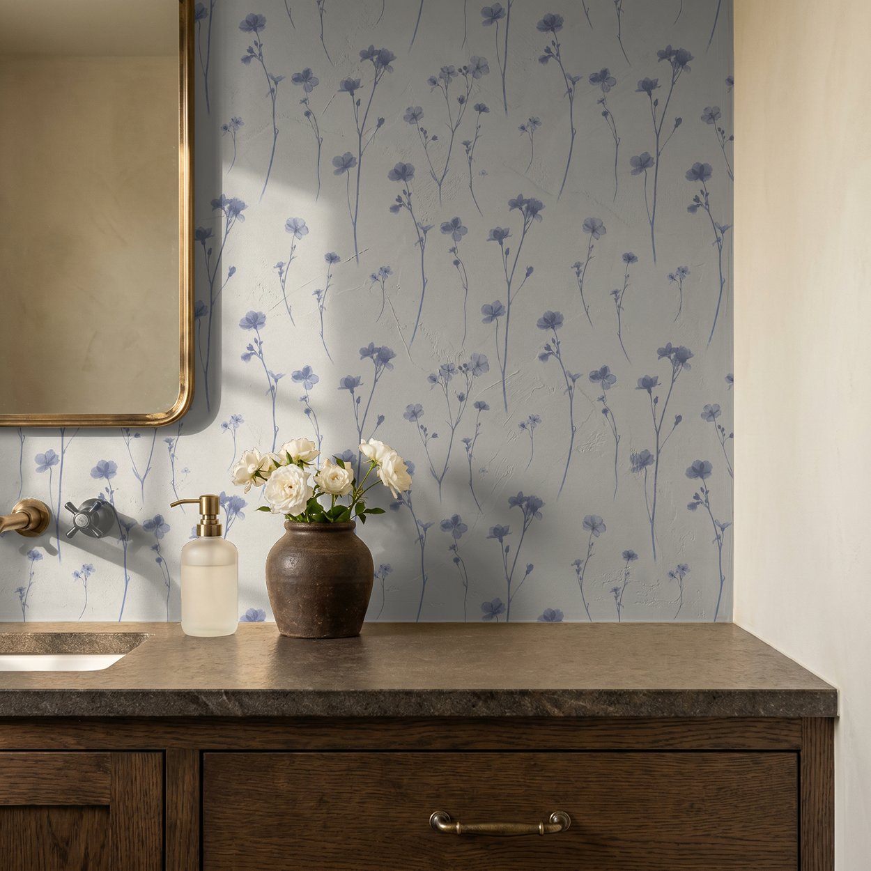 Lavender floral wallpaper in bathroom with wooden vanity and flowers