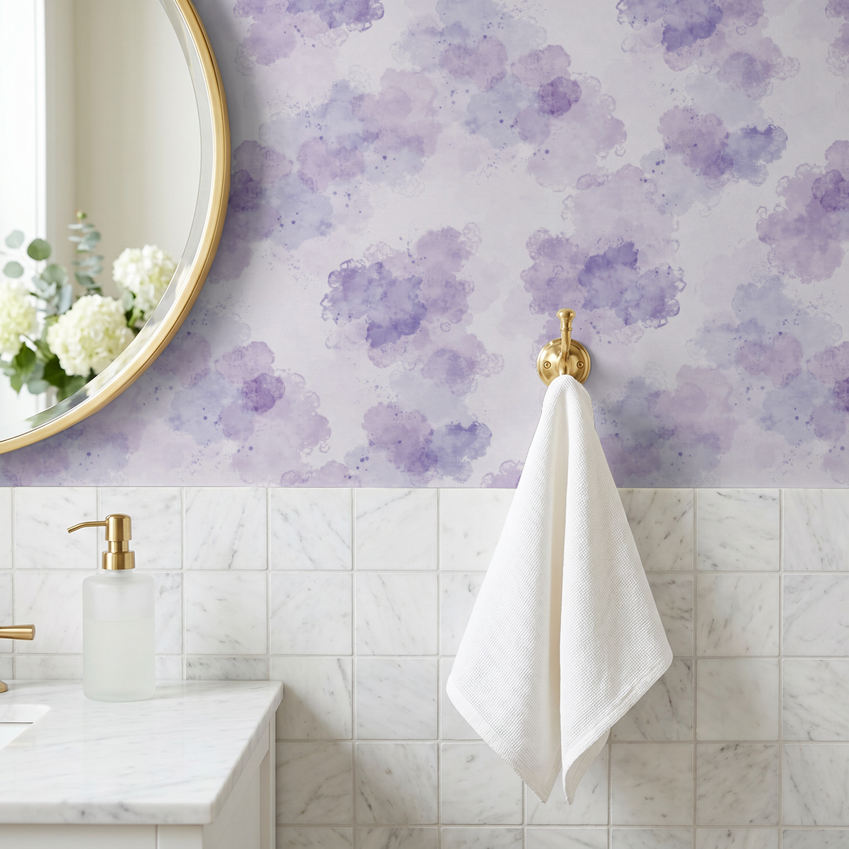 Lavender watercolor cloud wallpaper in elegant bathroom setting with marble tiles.