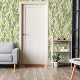 Virdis Wallpaper by The Nida Jahain Line in a modern living room, showcasing botanical patterns.

