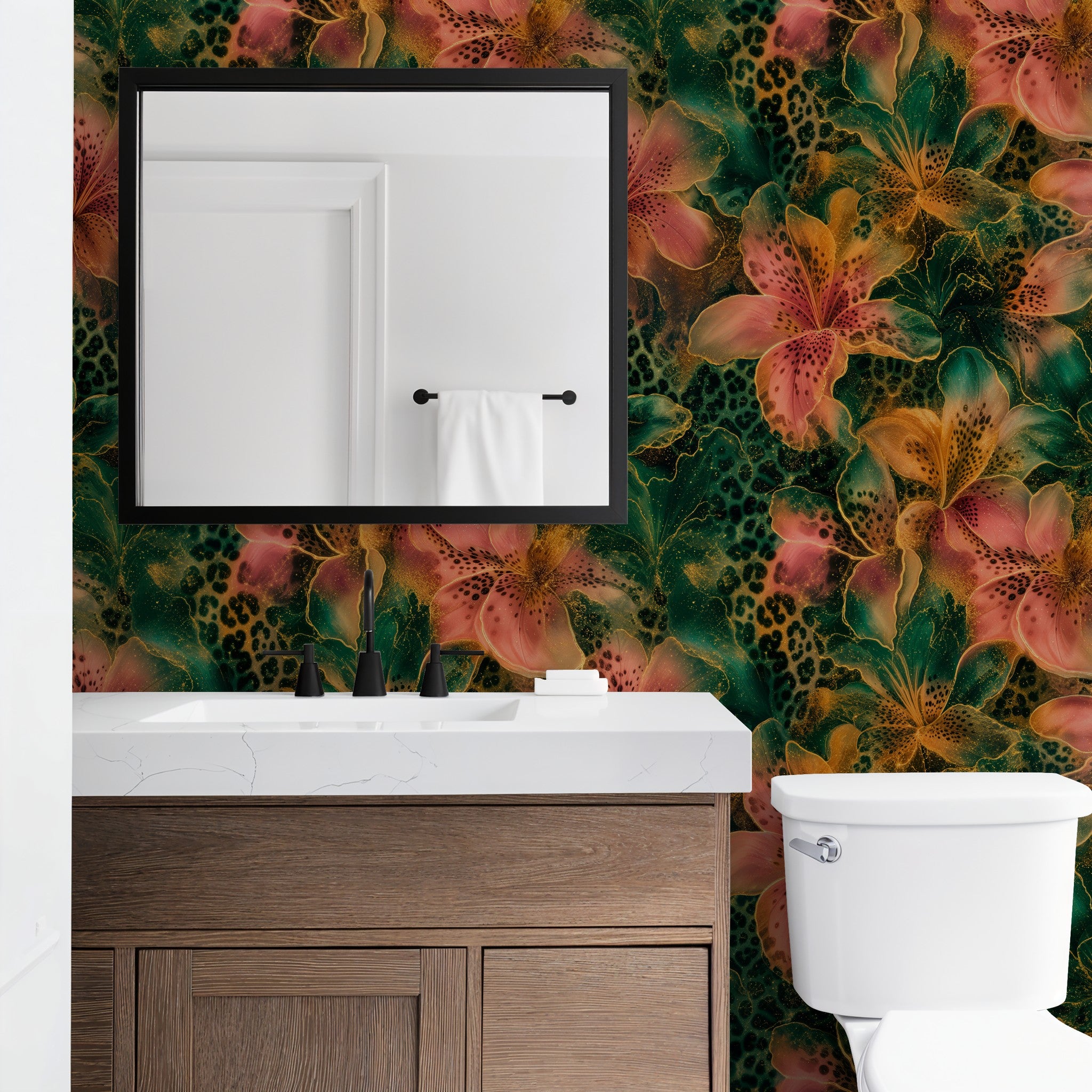 Leopard Lily floral wallpaper in a modern bathroom with wood vanity and mirror.