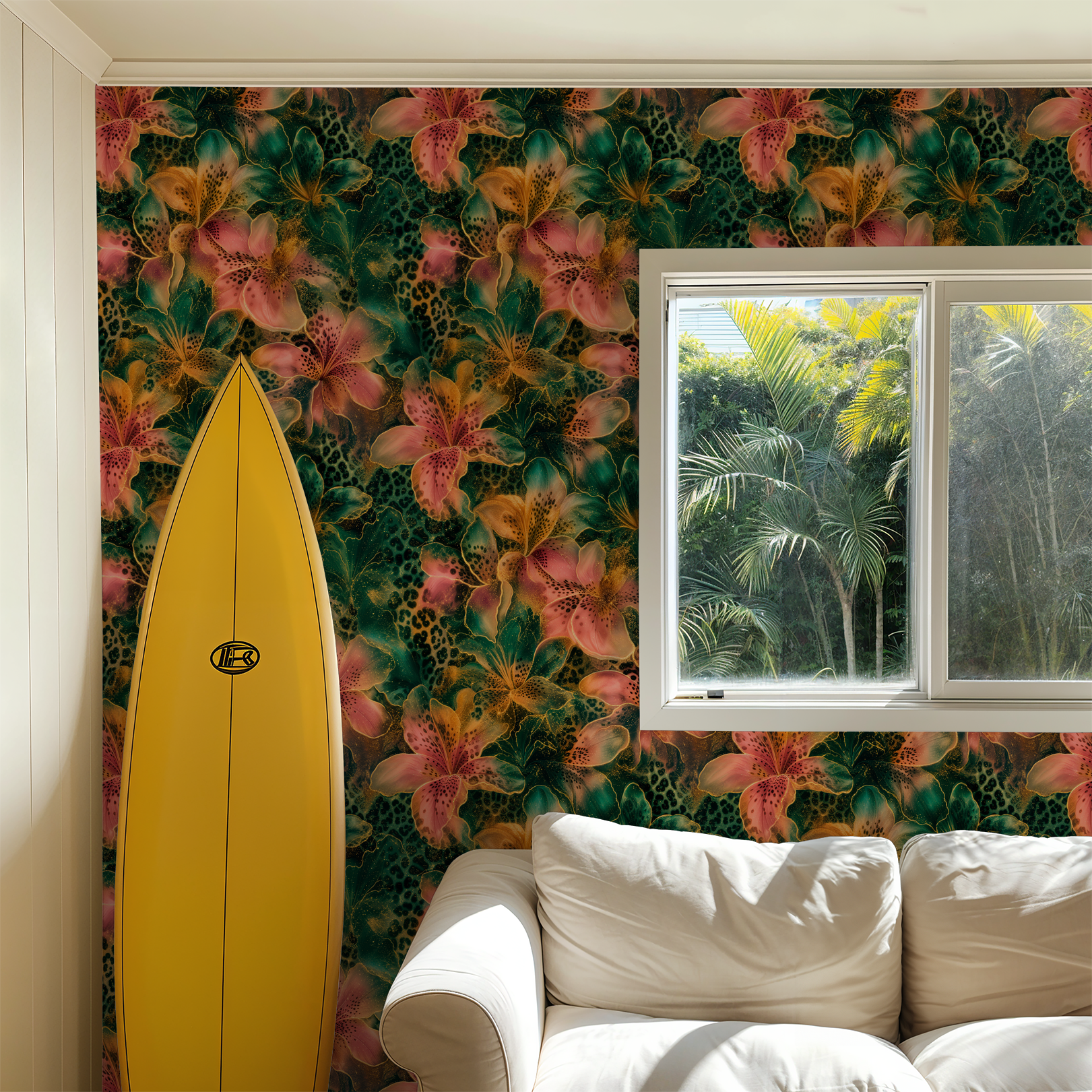 Leopard Lily floral wallpaper in vibrant colors with a surfboard and sofa in a sunlit room.