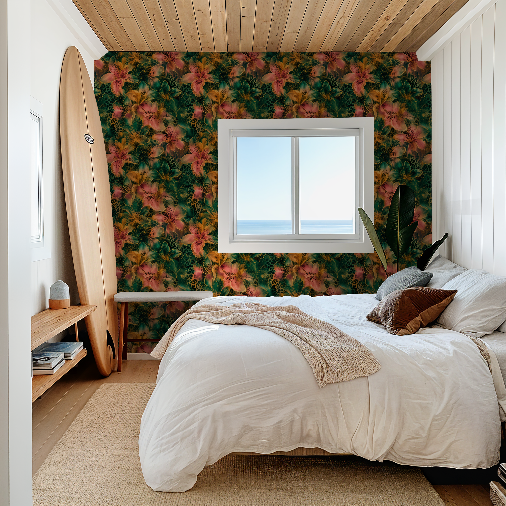 Tropical floral wallpaper in bedroom with surfboard and ocean view.