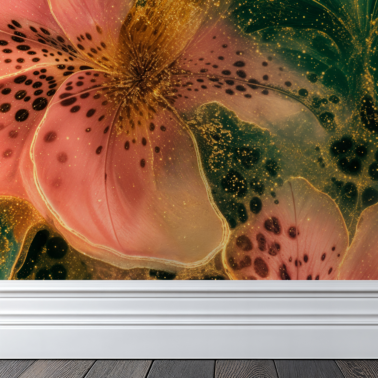 Vibrant floral wallpaper with pink and green botanical pattern in a modern room setting.