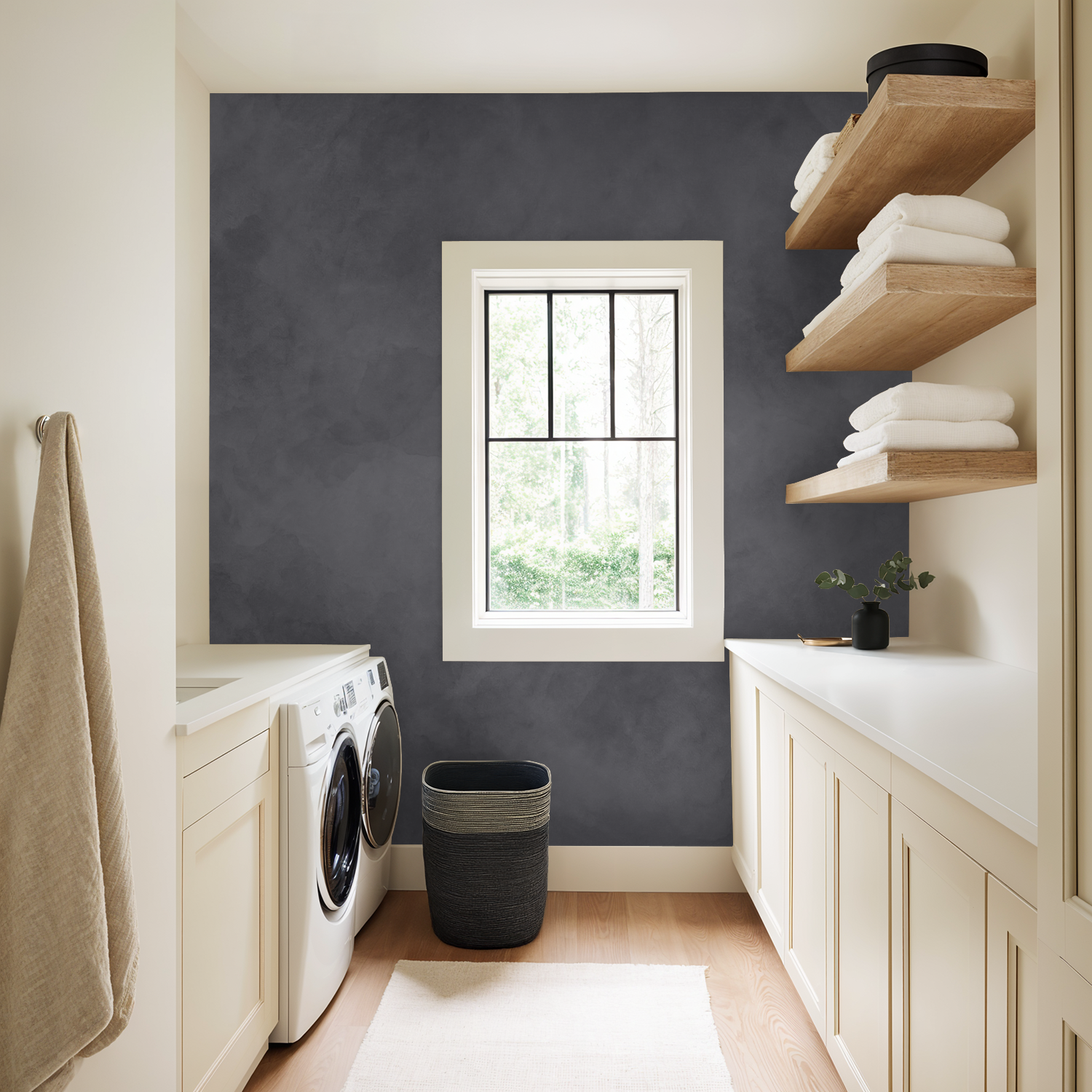 Light purple abstract wallpaper in modern laundry room with shelves and window.