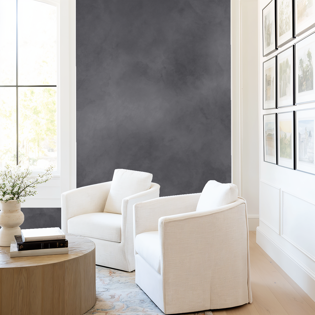 Light purple stormy haze wallpaper in modern living room with white chairs