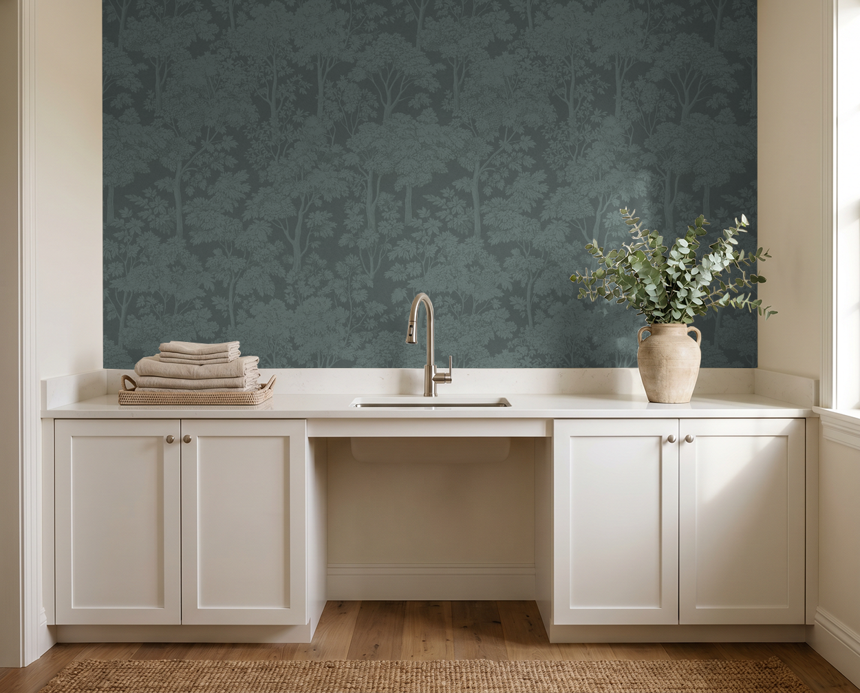 Light teal botanical wallpaper in a modern laundry room with white cabinets.