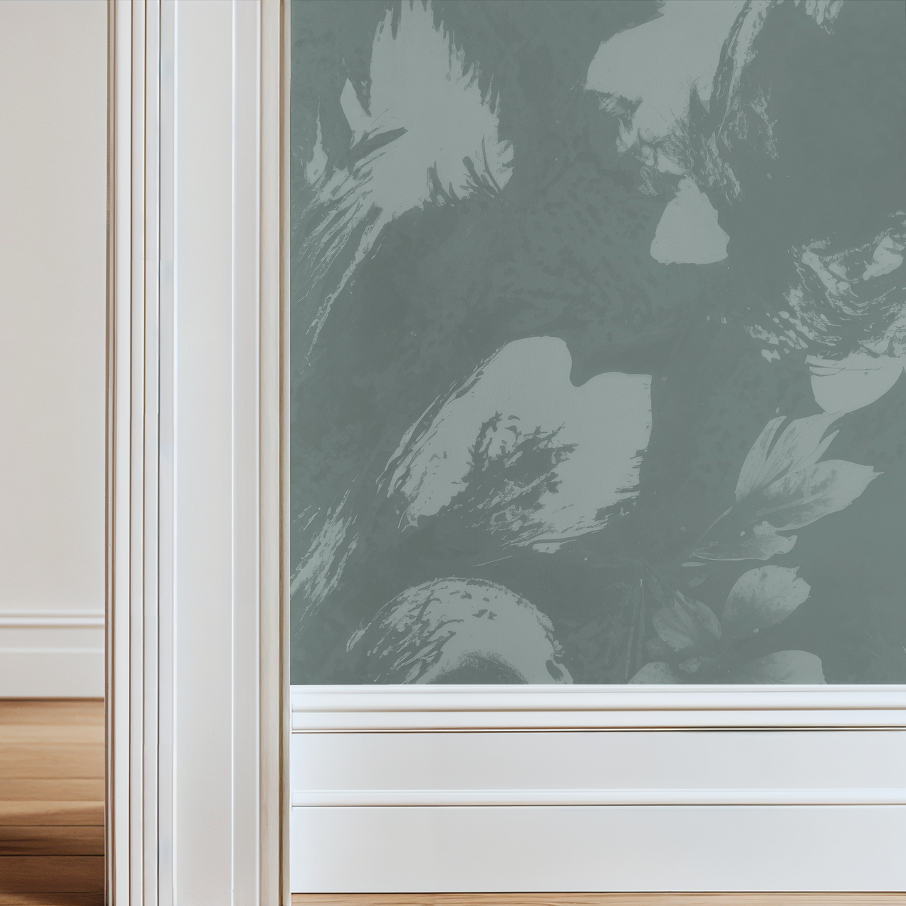 Light teal floral wallpaper with abstract botanical motifs in a modern interior.